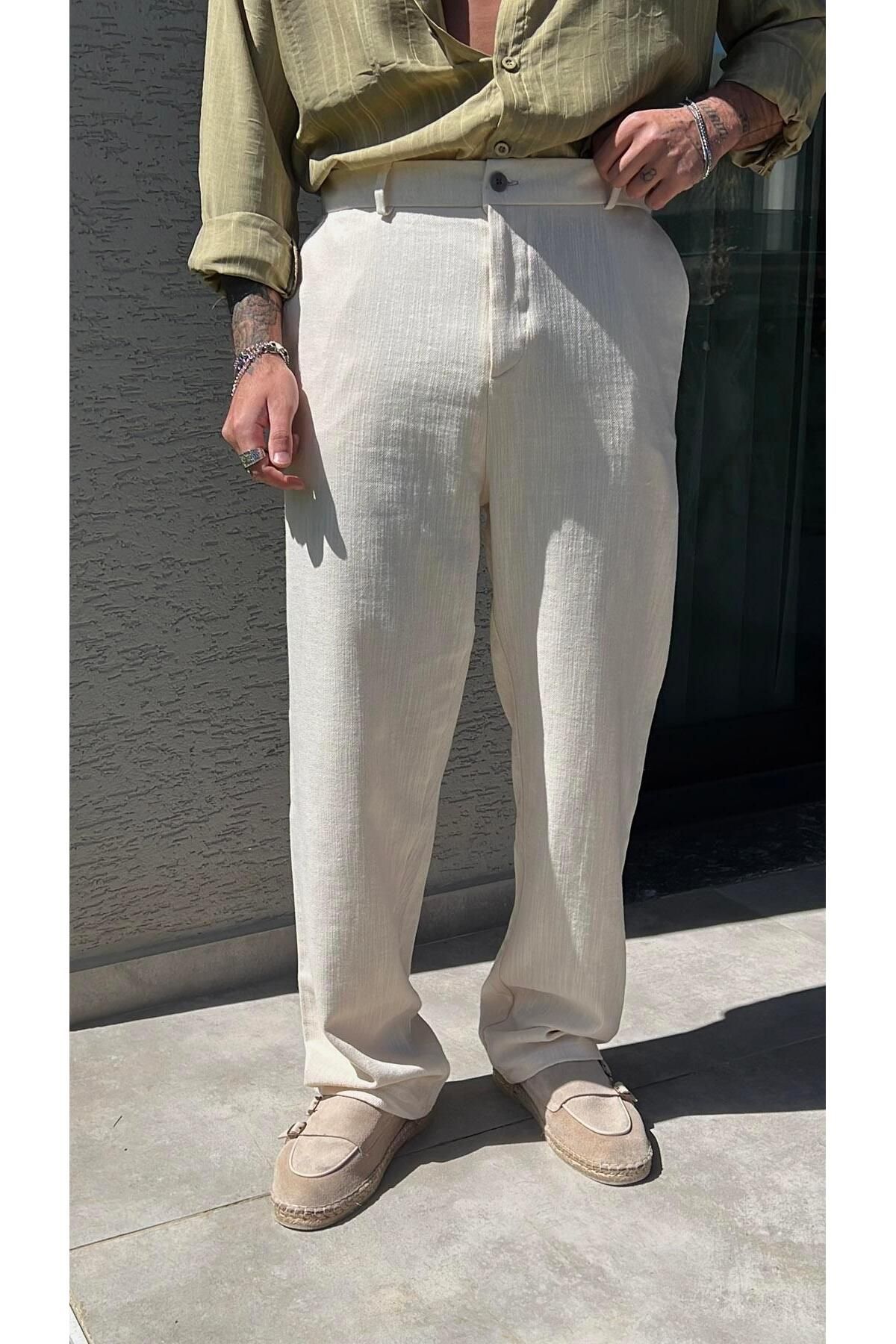 Elzem Keten Baggy Basic Pantolon Krem