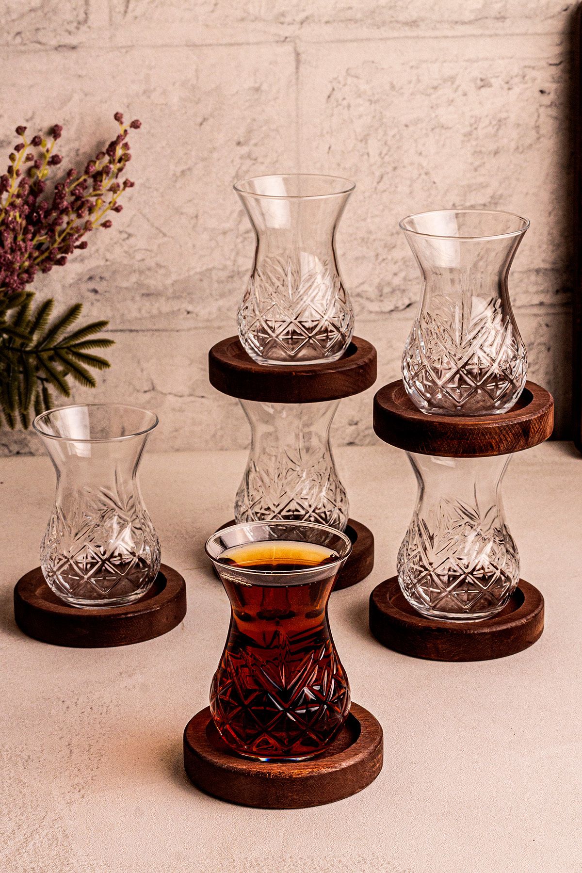 Snippy Trady - 6 lı Cam Çay Seti 12 Parça Ahşap Altlık Cam Çay Takımı Seti 6 Kişilik Çay Tabak
