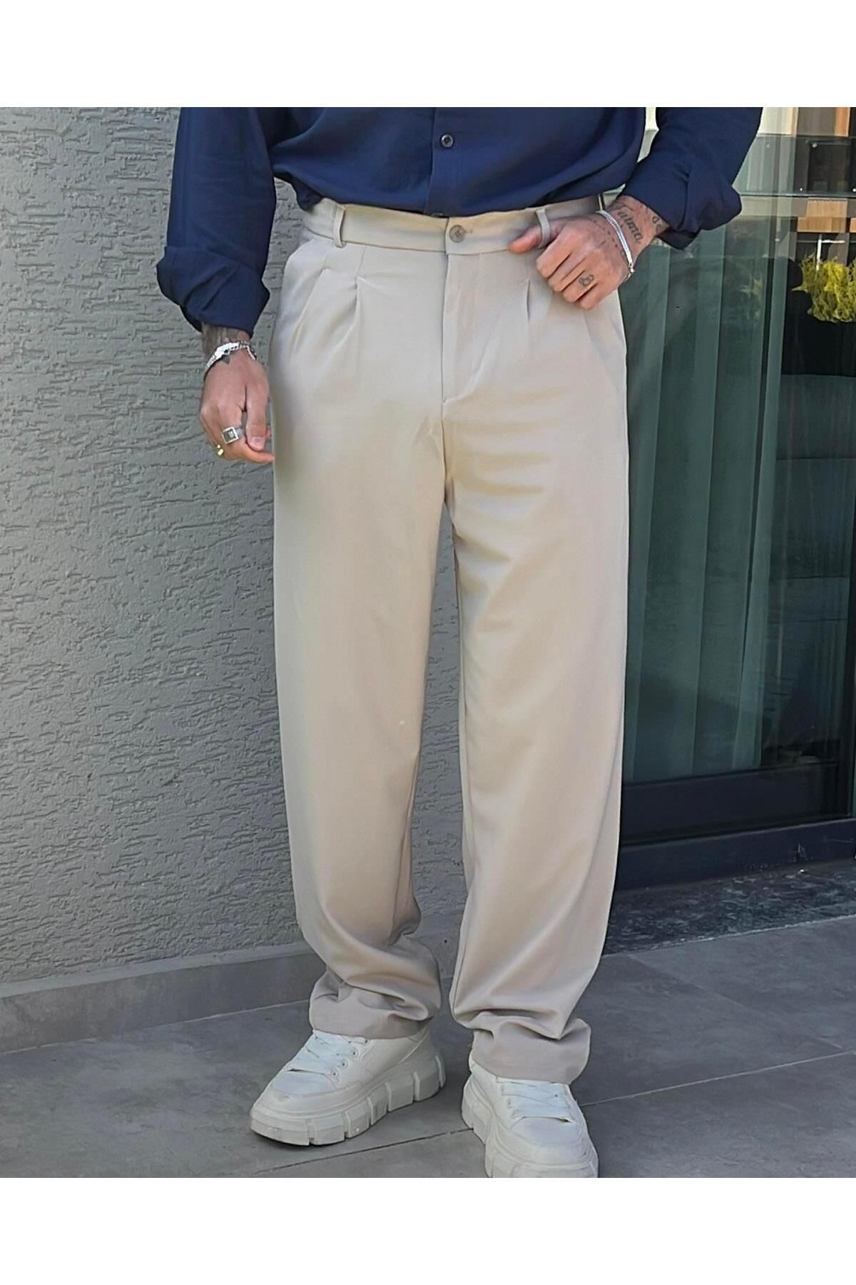 Elzem Klasik Basic Baggy Pantolon Krem