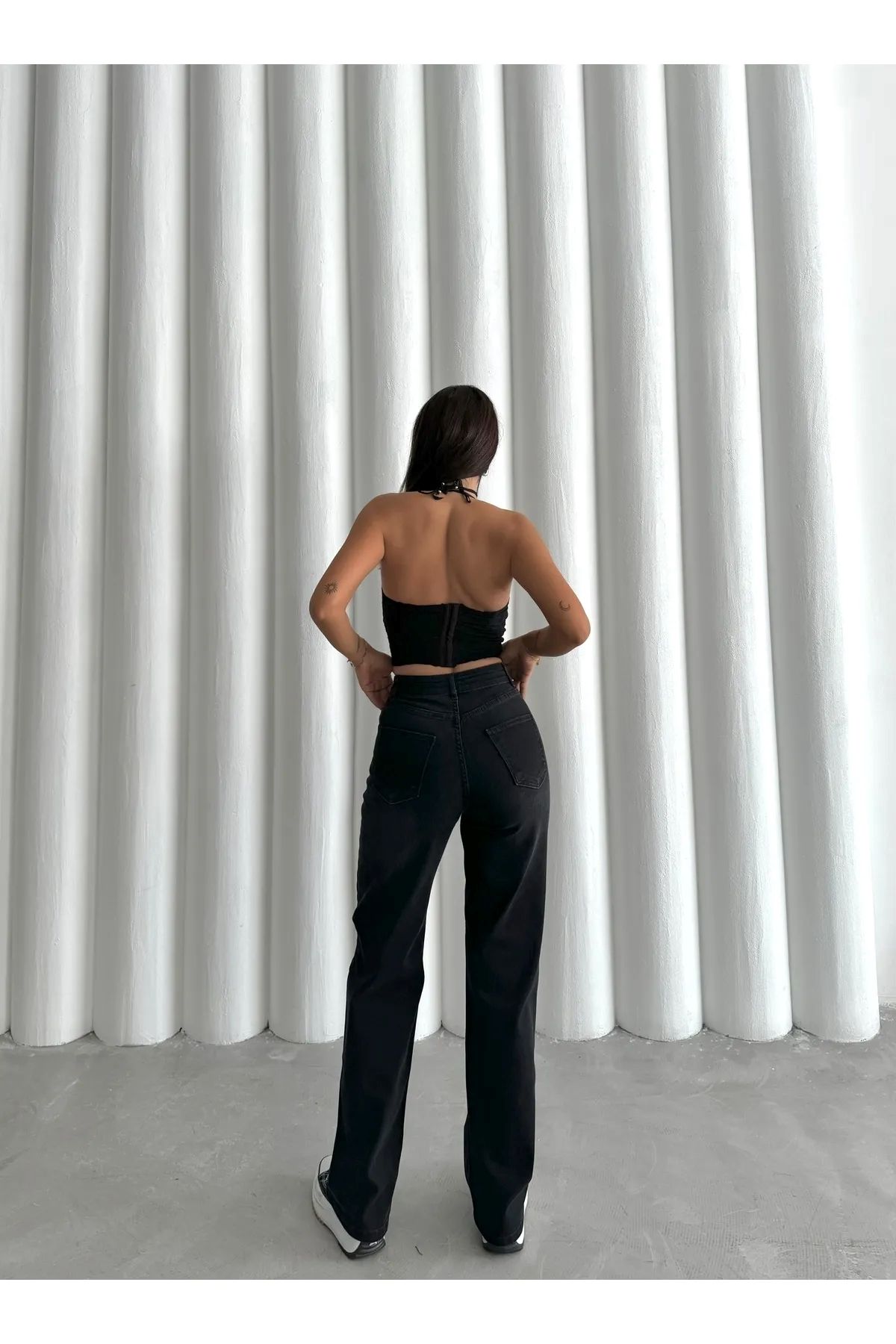 BİRDALİFE WEAR Siyah Bol Paca Palazzo Yüksek Bel Esnek Kot Pantolon
