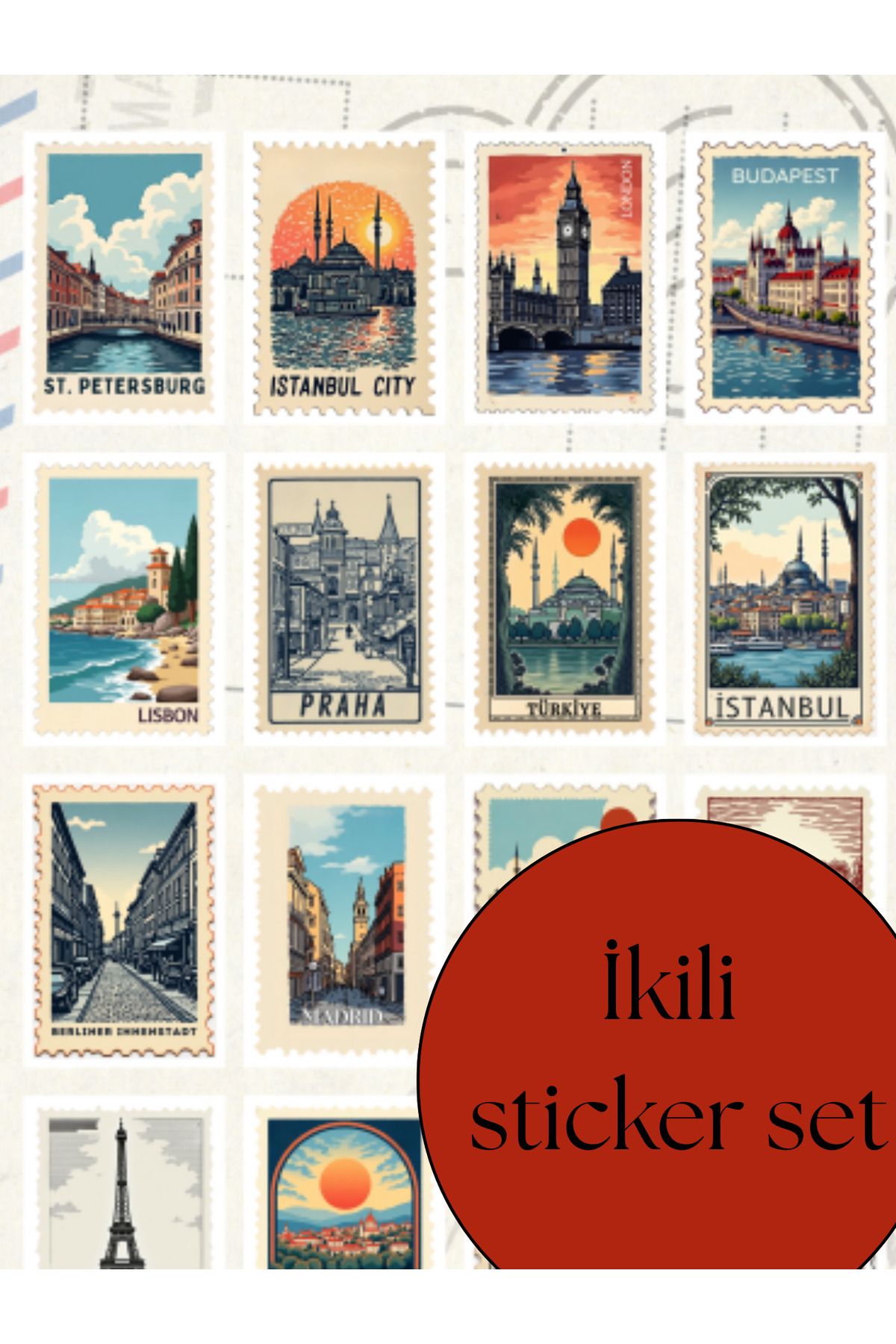 nostpost Bullet Journal Sticker, Junk Journal Sticker, Şehir Temalı Pul Görünümlü Etiket-city Stamps