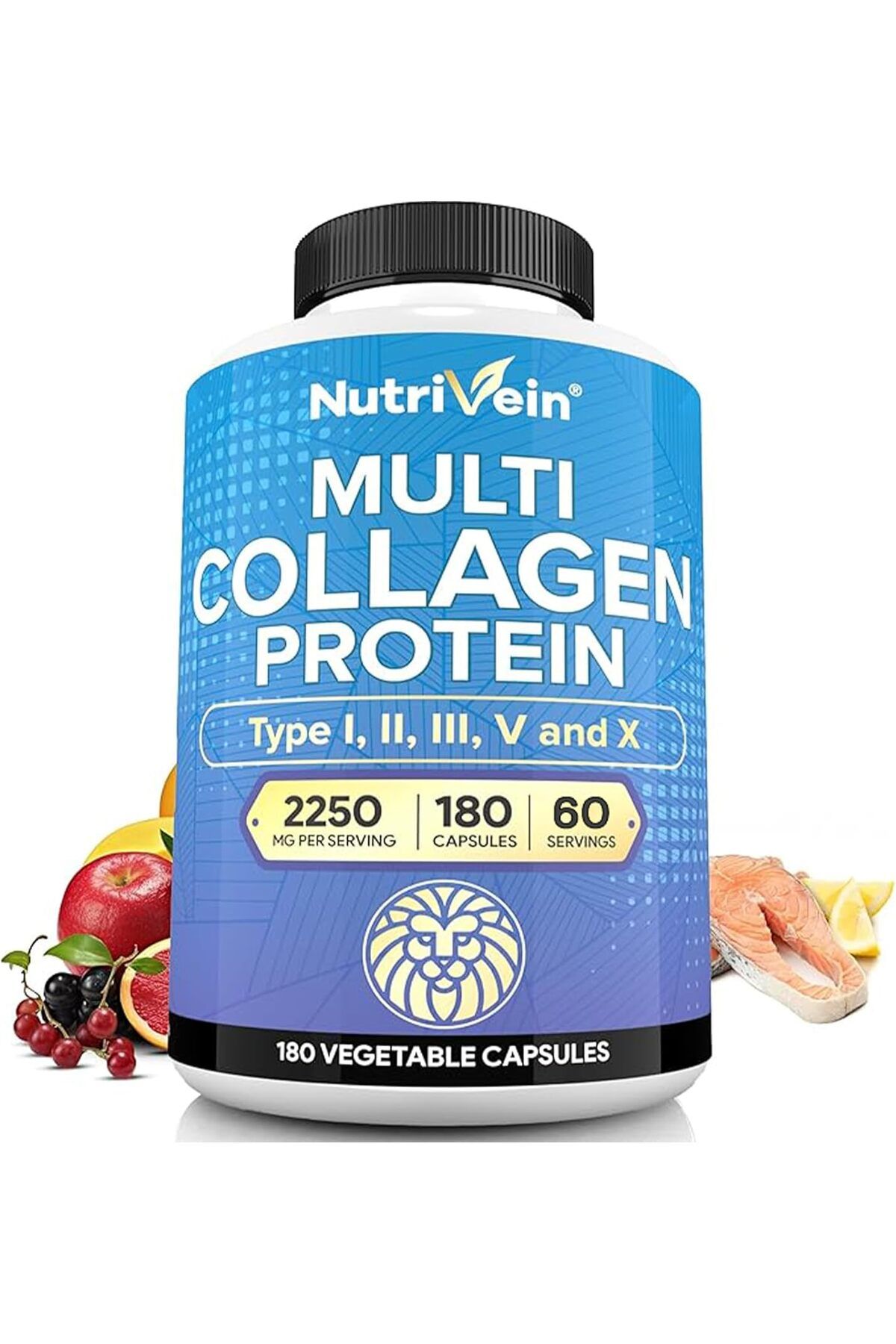 nutrivein Premium Multi Collagen 2250 mg - 180 Women and Men -Aging,Joints,Hair,Skin,Bones,Nails