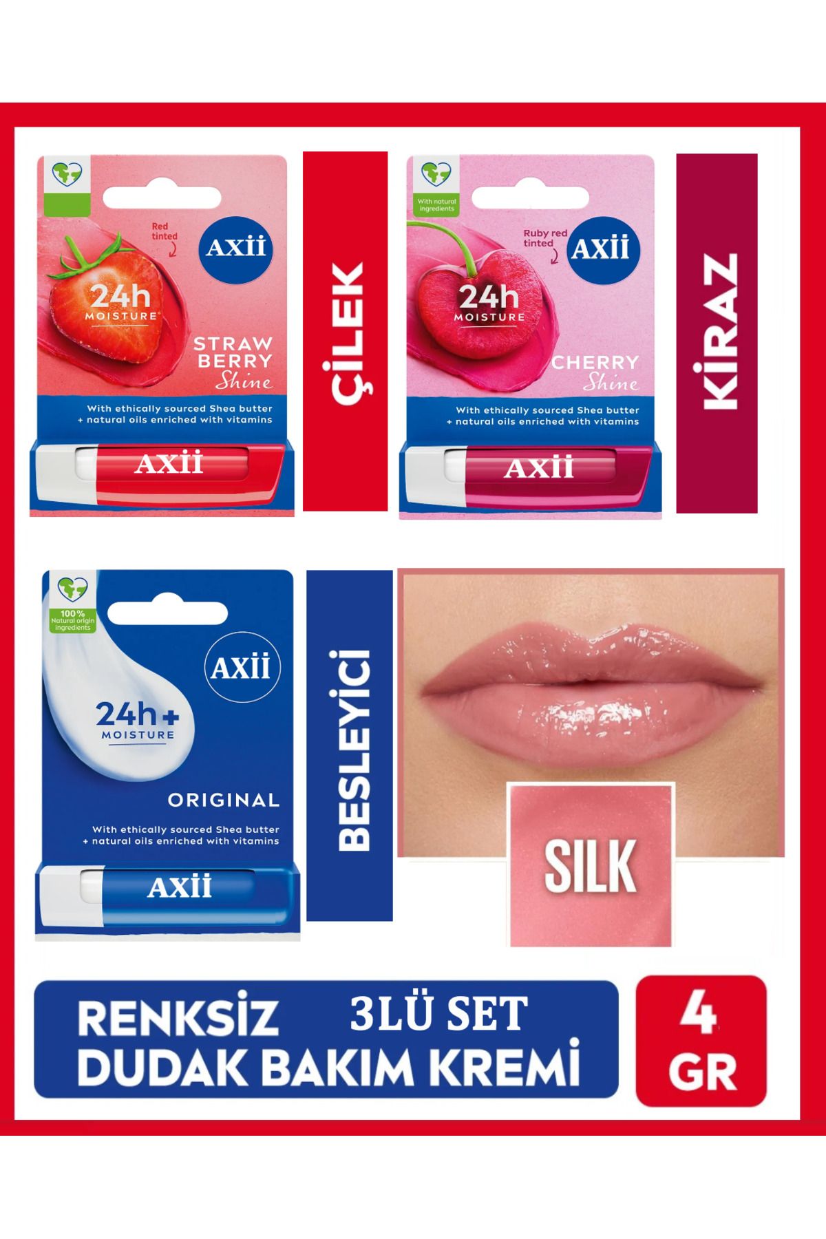 Axii 3Lü Set Dudak Nemlendirici Dudak Bakım Kremi E Vitamin Parlak Görünümlü Kalıcı Etkili