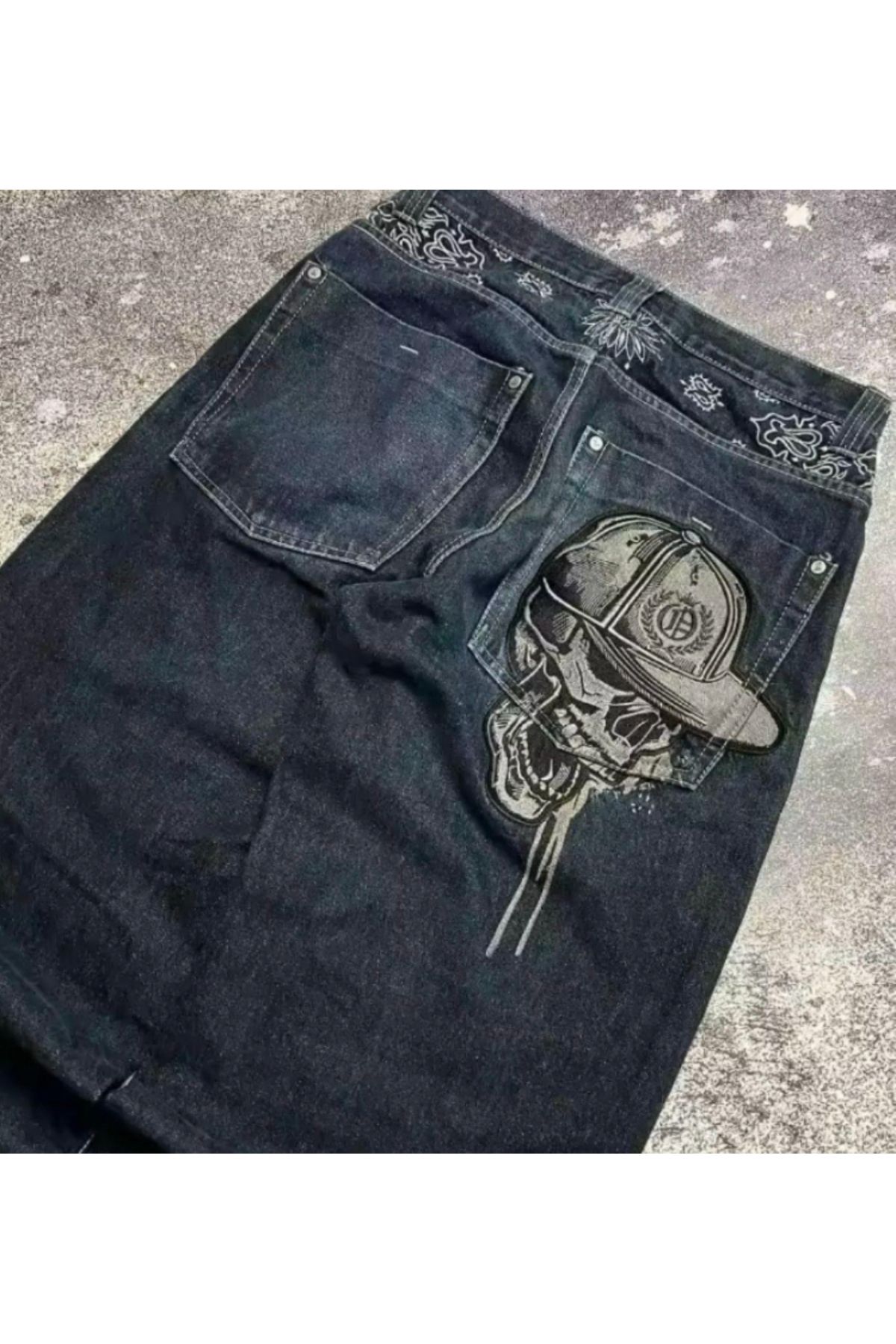 Peripeti Back Side Skull Head Salaş Baggy Kot Pantolon