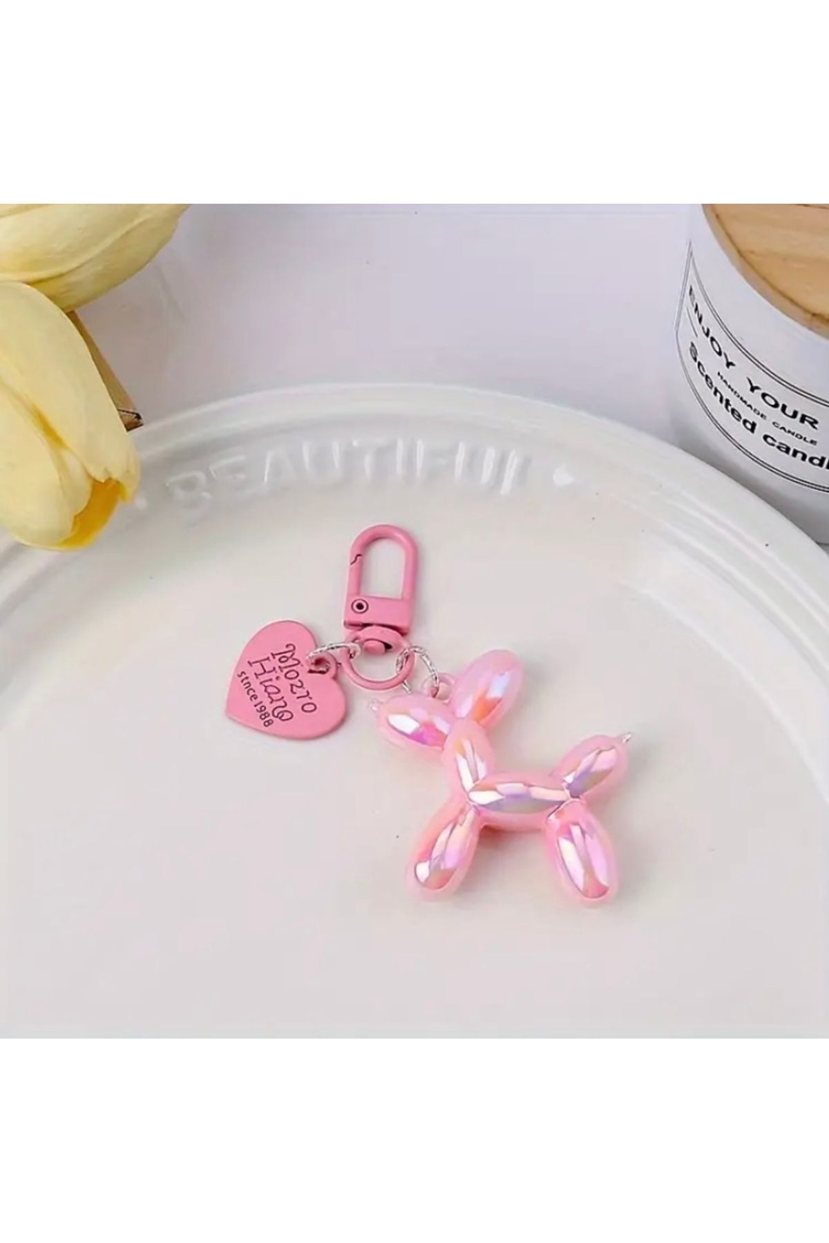 Accessories Vanilla Avenue Açık Pembe Parlak Balon Köpek Kalp Detaylı Zarif Kadın Anahtarlık Aksesuar