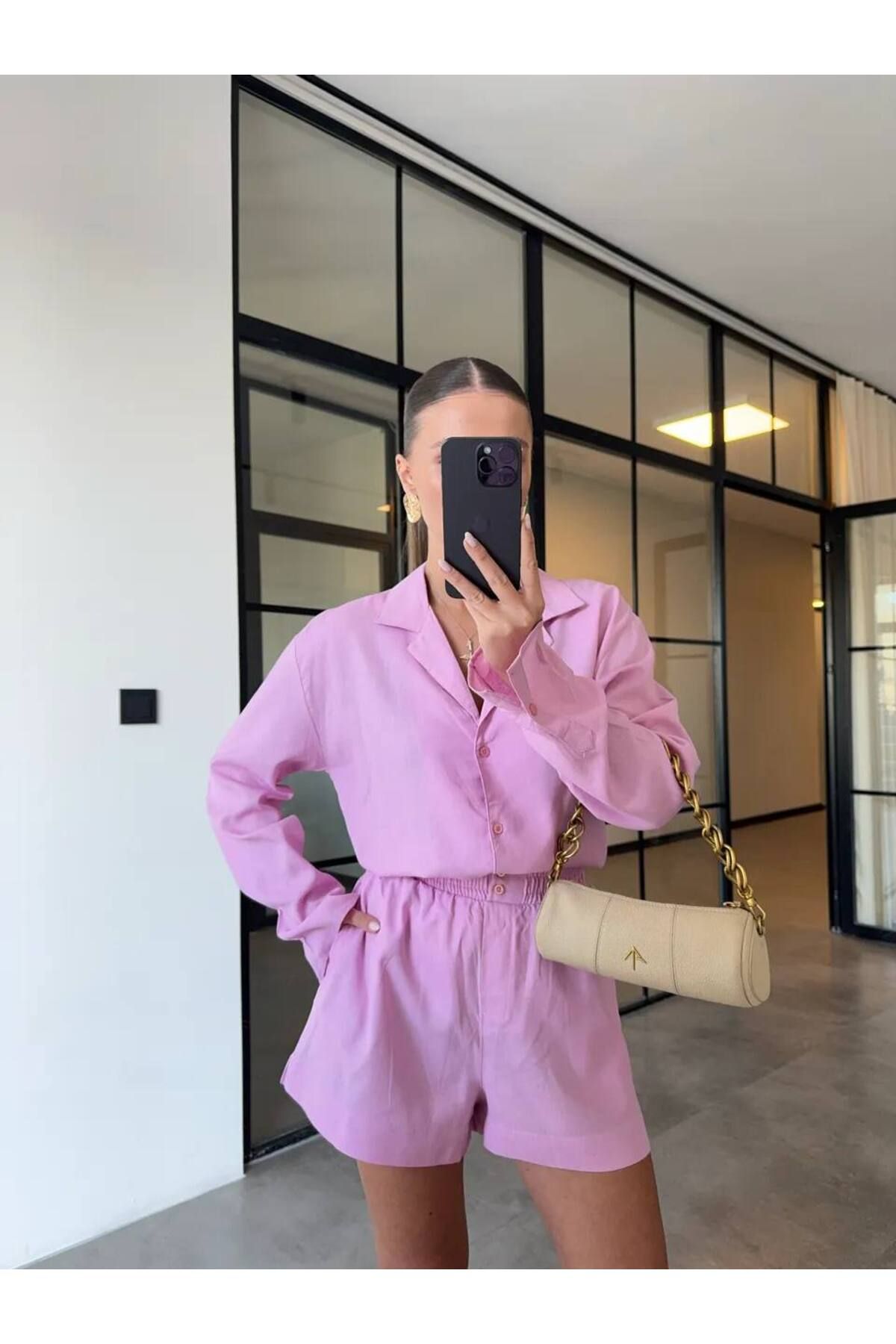 codudem PEMBE YAZLIK KETEN GÖMLEK ŞORT TAKIM