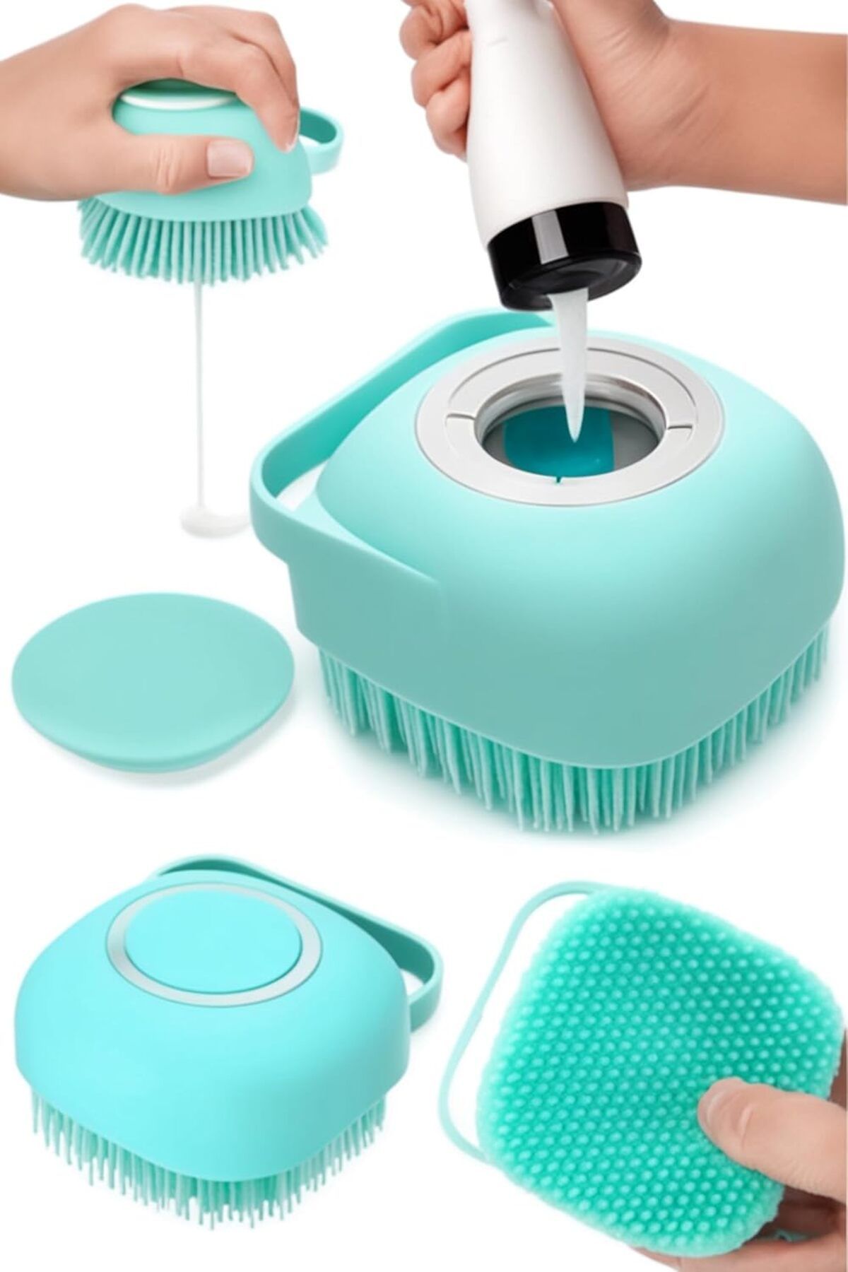 Busstier Şampuan Hazneli Silikon Banyo Fırçası Lifi Peeling Masajlı Derin Temizlik Aparatı