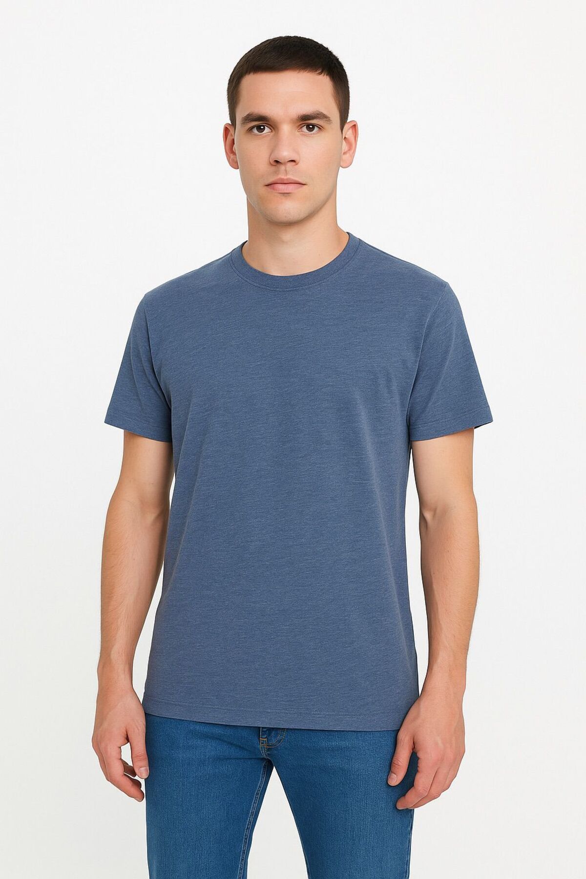 VORİAS ERKEK İNDİGO MELANJ COMFORT FİT İNCE PAMUK TSHIRT