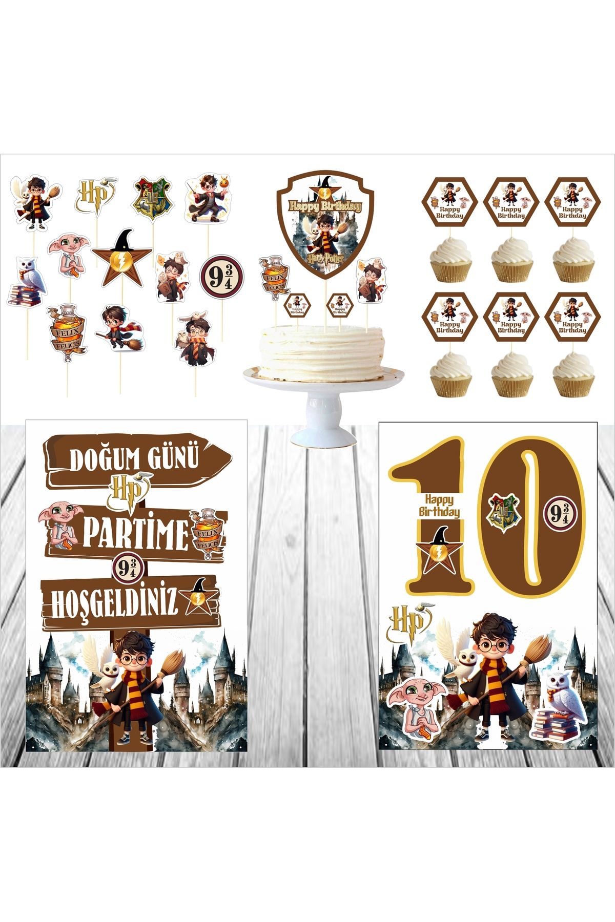 SİYAH PARTİ EVİ 10 Yaş Harry Potter Doğum Günü Pasta Süsü Ayaklı Pano Seti