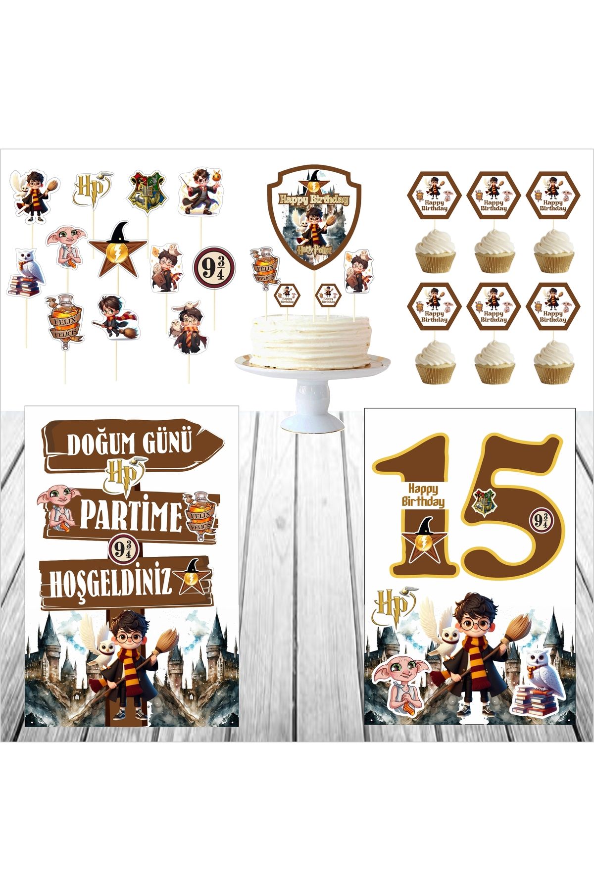 SİYAH PARTİ EVİ 15 Yaş Harry Potter Doğum Günü Pasta Süsü Ayaklı Pano Seti