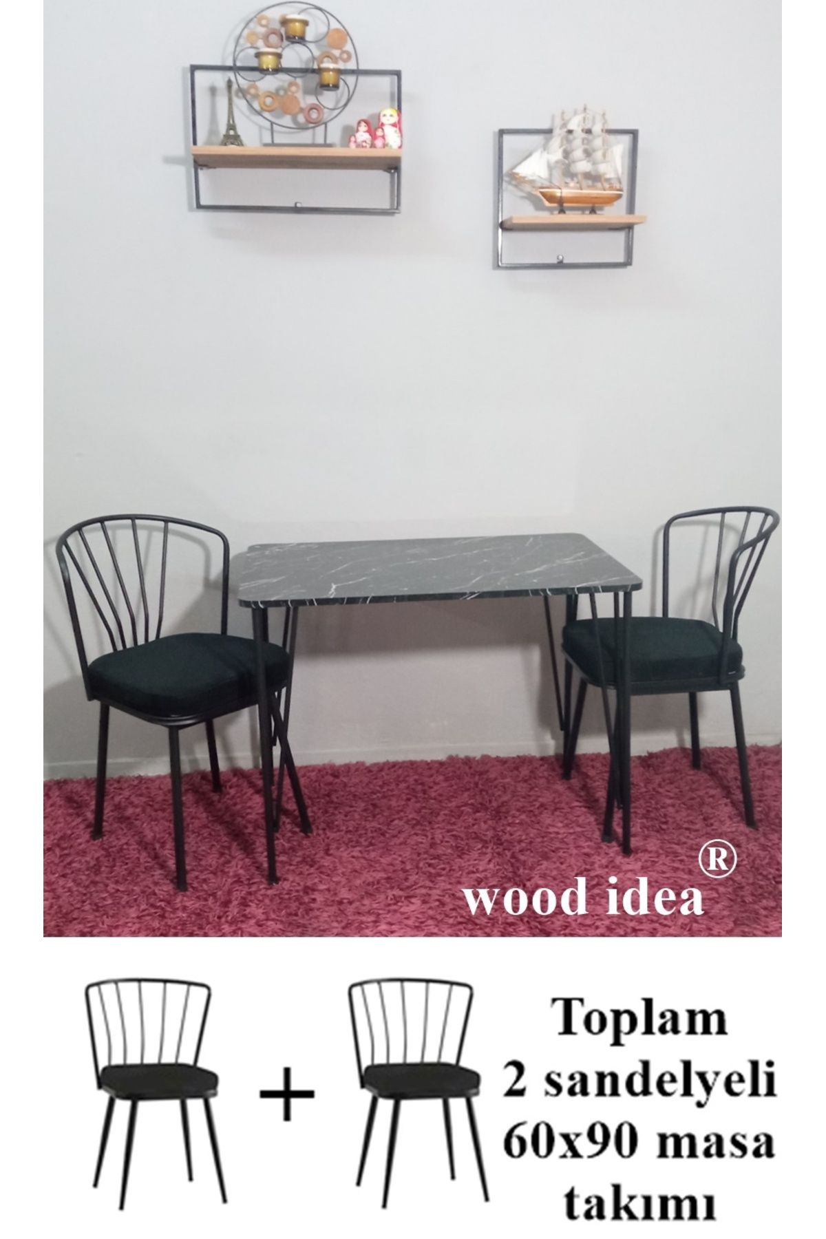 wood idea 60x90 metal ayaklı 2 sandalyeli yemek, balkon ve mutfak masa takımı