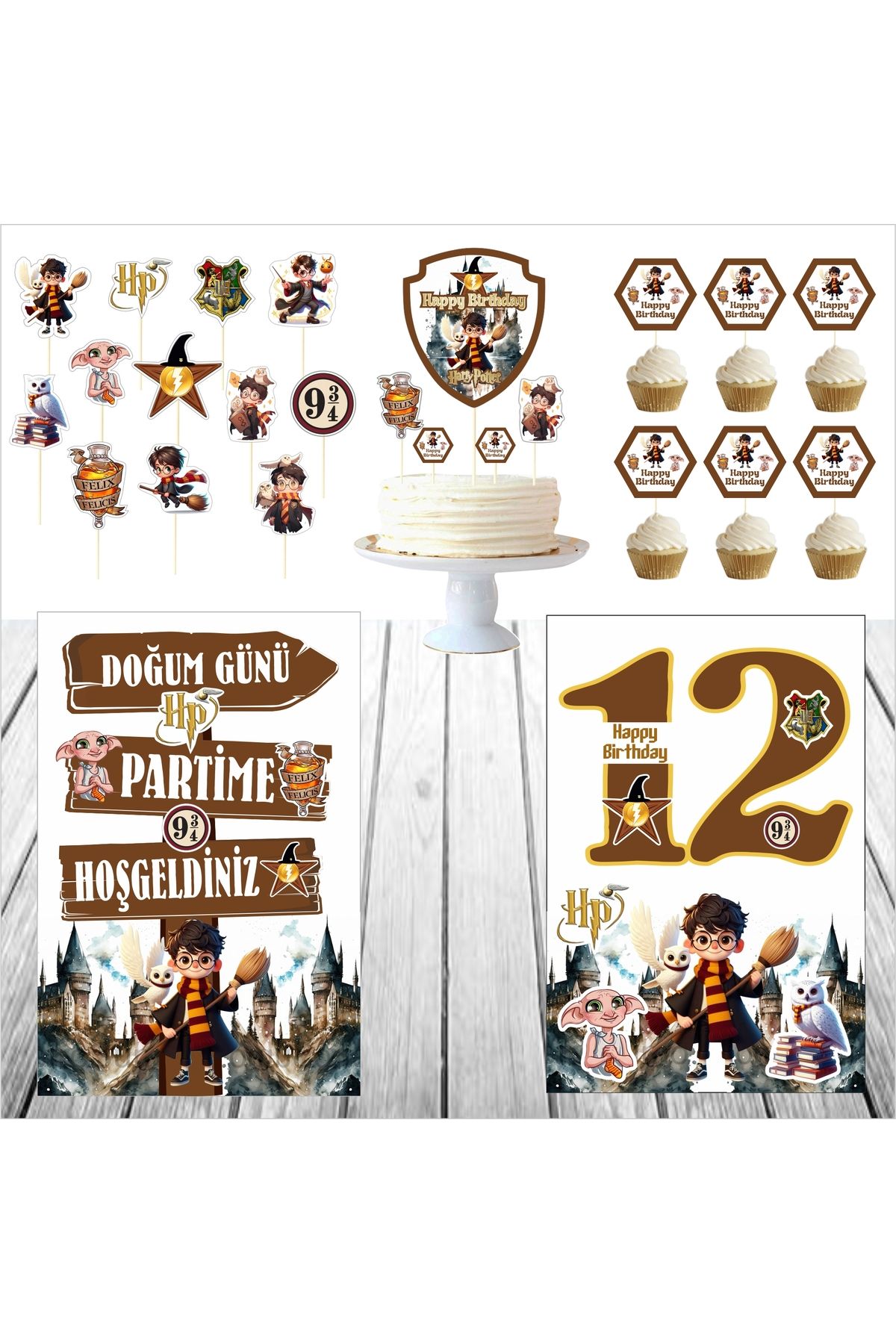 SİYAH PARTİ EVİ 12 Yaş Harry Potter Doğum Günü Pasta Süsü Ayaklı Pano Seti