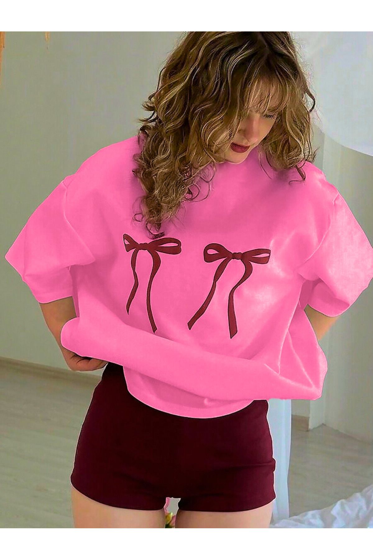 MEİLİFENG Kadın Pembe Kurdela Baskılı T-shirt - Bisiklet Yaka