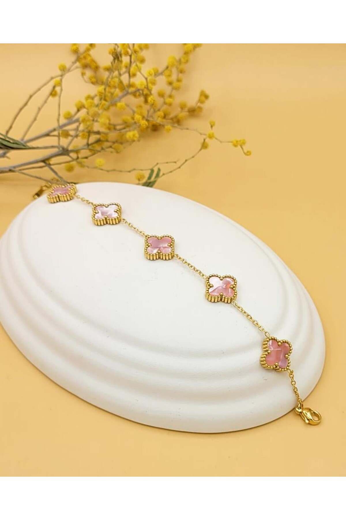 Nevoka Pembe Hologram Taşlı Gold Yonca Bileklik