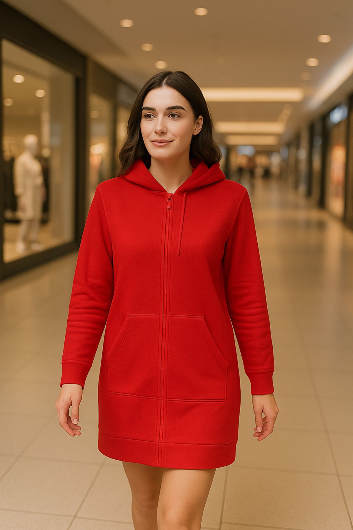 DHDmoda Kırmızı Fermuarlı Cepli Kapüşonlu Ceket