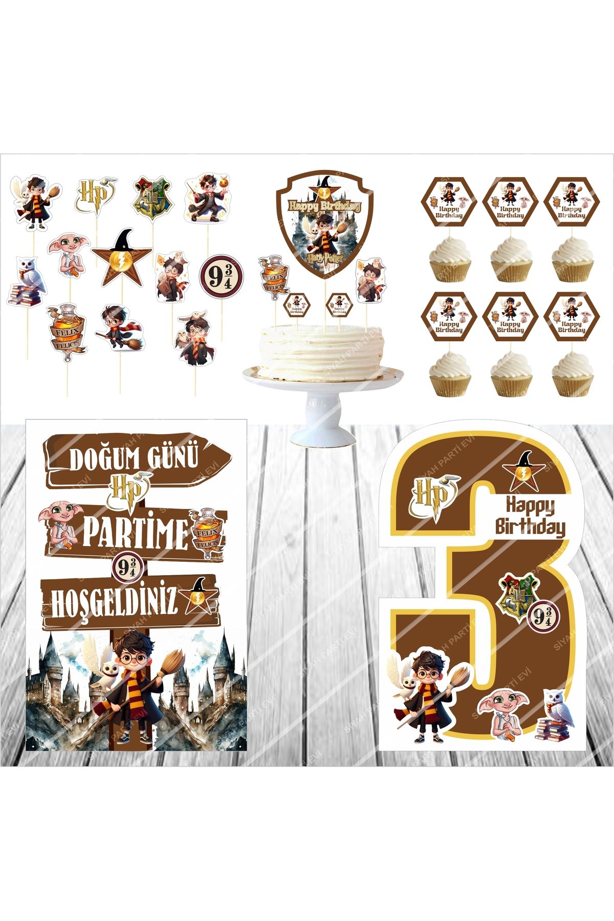 SİYAH PARTİ EVİ 3 Yaş Harry Potter Doğum Günü Pasta Süsü Ayaklı Pano Seti