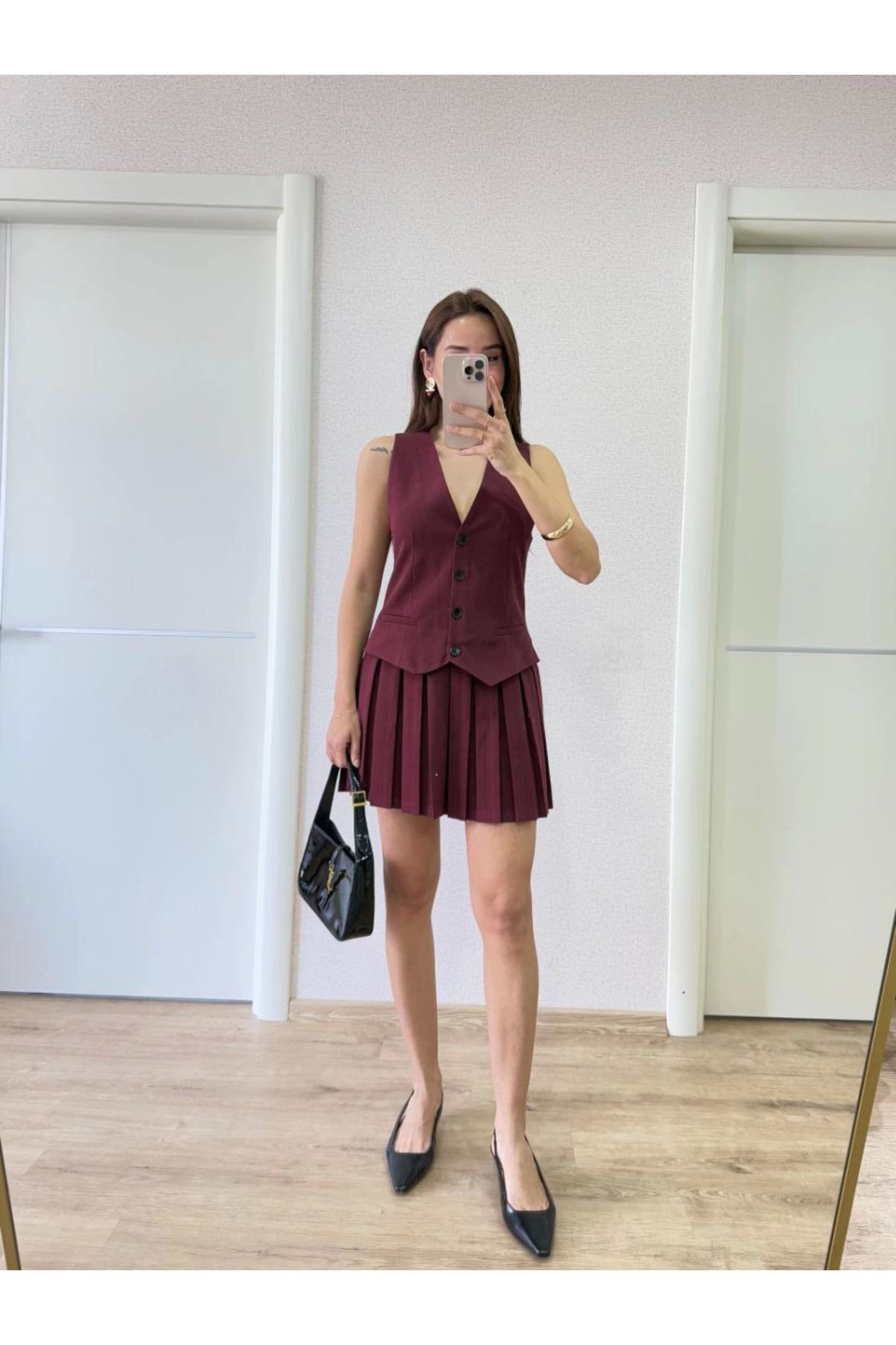 Kadınle Takım Görünümlu Yelekli Mini Elbise- Bordo