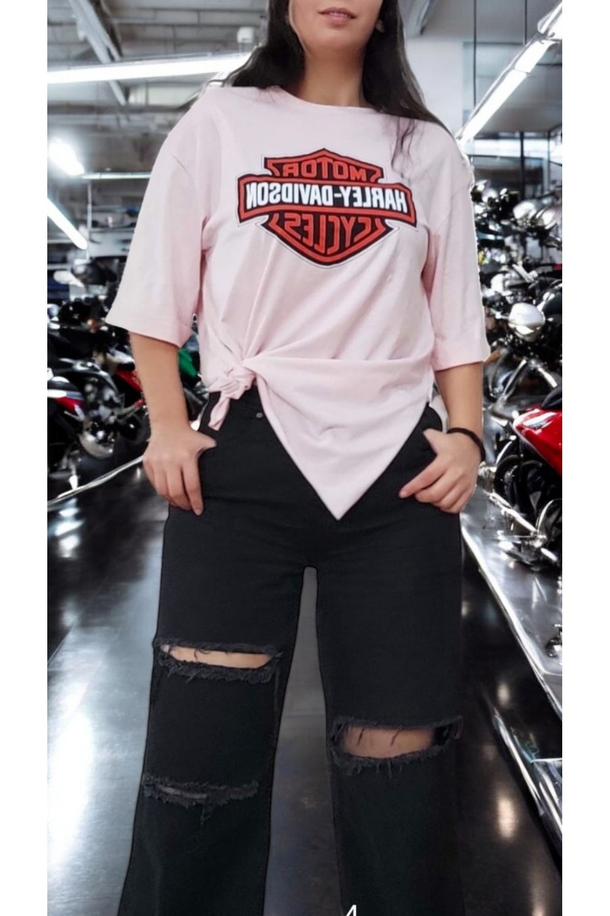 MATELIER Pembe Harley Motorsiklet Motorcu Baskılı Yanı Yırtmaçlı Kısa Kollu Oversize T-Shirt