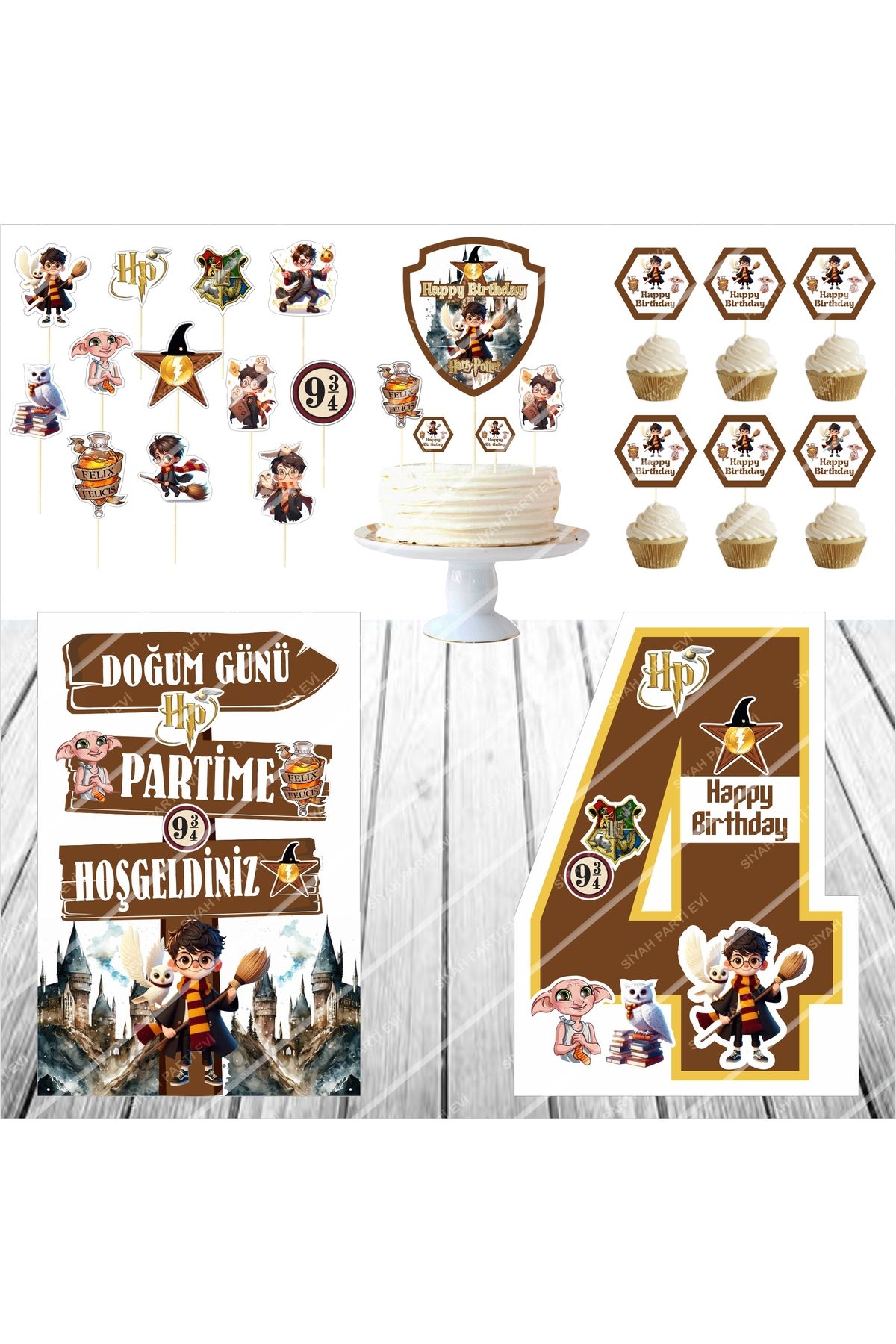 SİYAH PARTİ EVİ 4 Yaş Harry Potter Doğum Günü Pasta Süsü Ayaklı Pano Seti