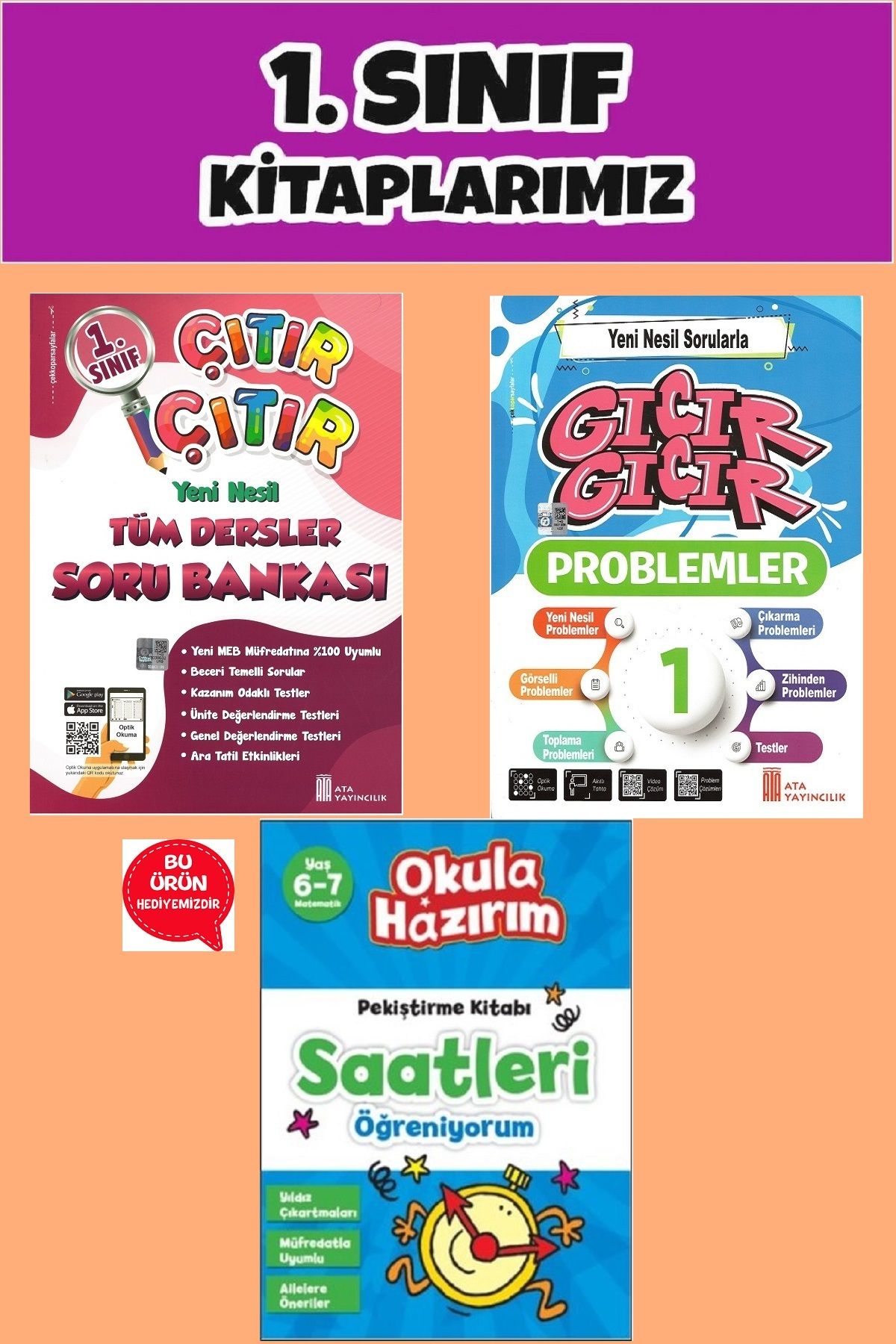 Ata Yayıncılık 1.Sınıftan 2.Sınıfa Geçenler İçin Tekrar Seti(Çıtır Soru Bankası+Problemler+Saatleri Öğreniyorum)