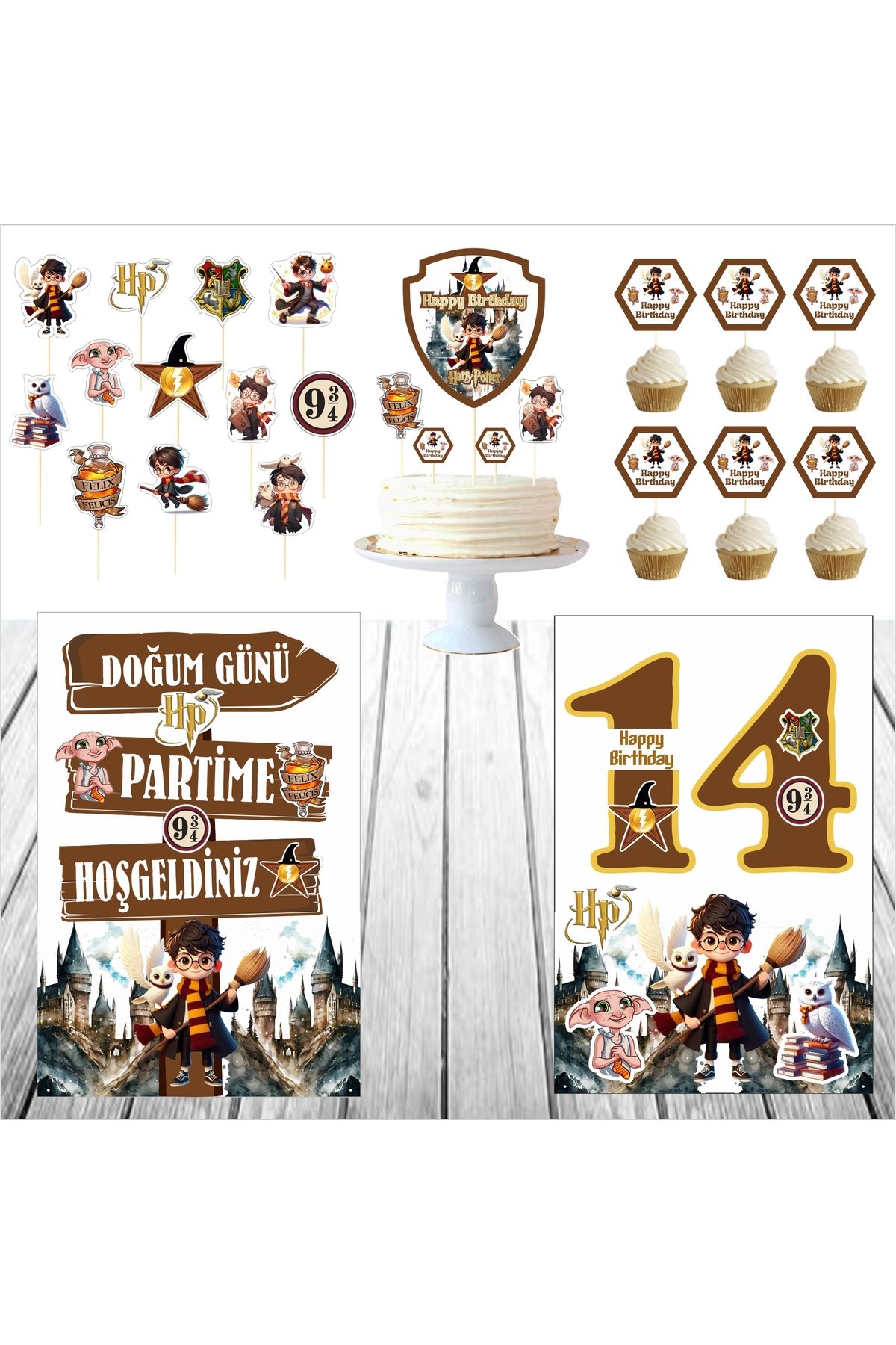 SİYAH PARTİ EVİ 14 Yaş Harry Potter Doğum Günü Pasta Süsü Ayaklı Pano Seti