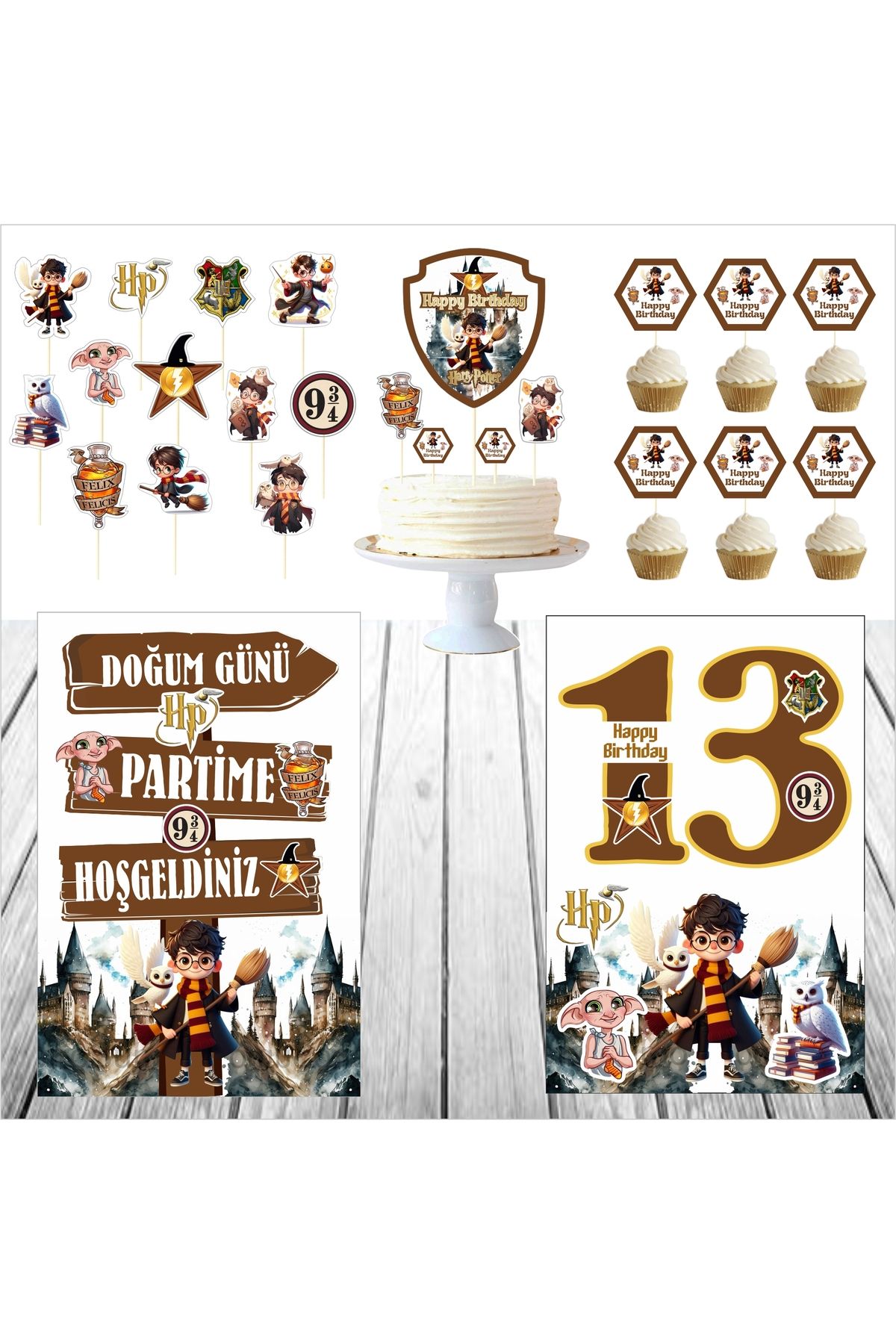 SİYAH PARTİ EVİ 13 Yaş Harry Potter Doğum Günü Pasta Süsü Ayaklı Pano Seti