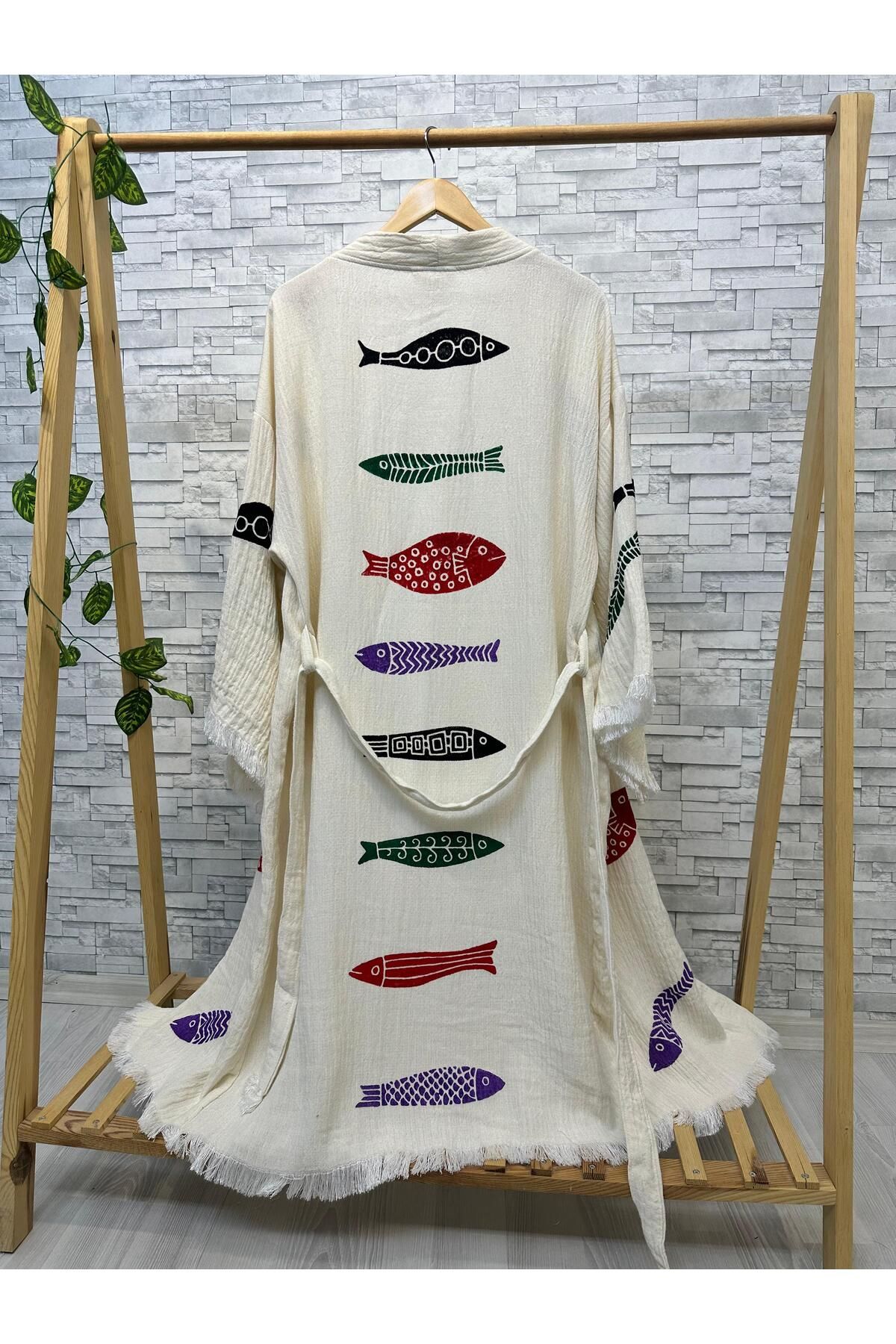 Befera Design Müslin Kimono %100 Pamuklu Balık Baskılı Desenli Bornoz Kaftan Sabahlık