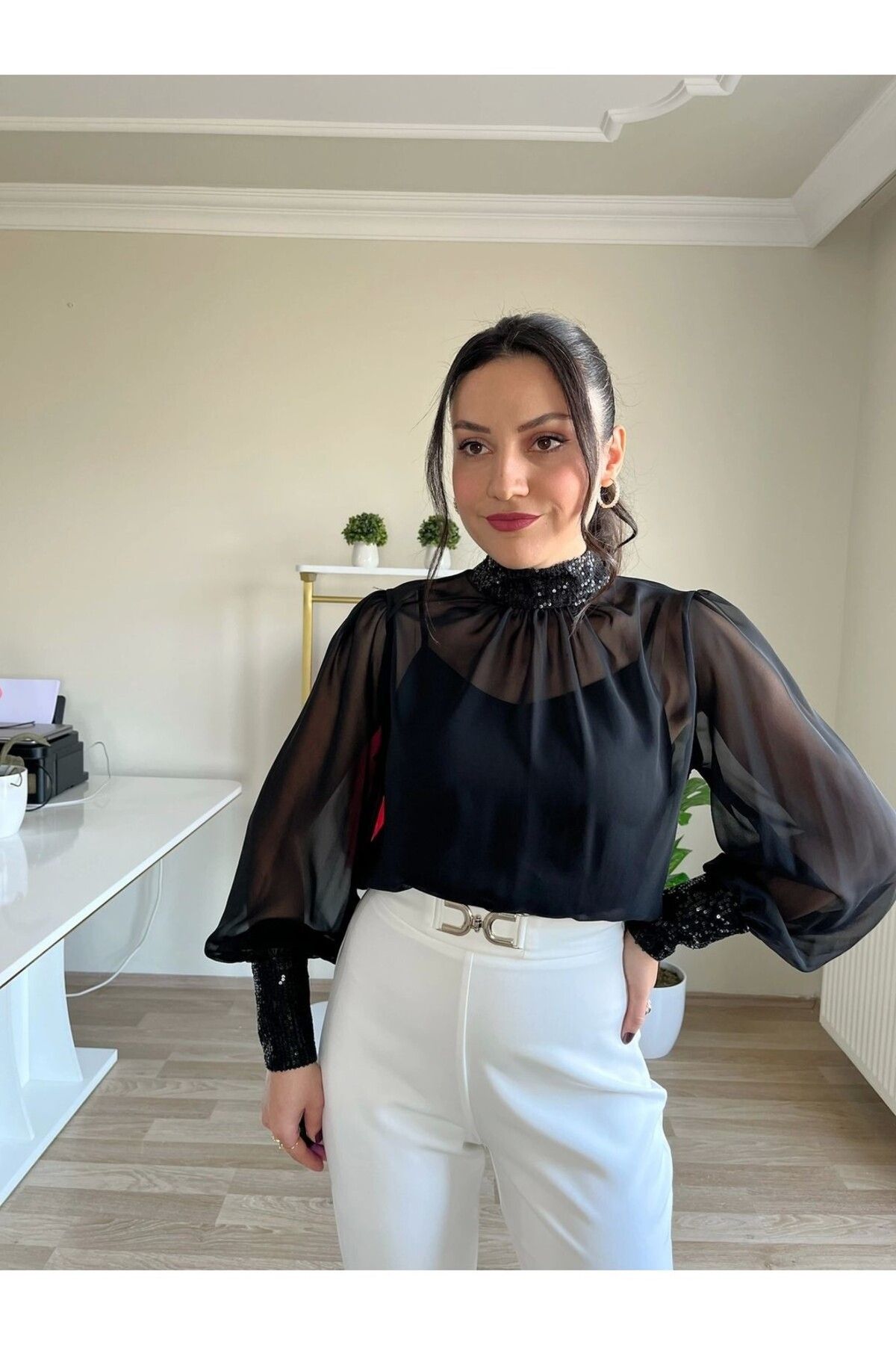 olina boutique Payet Detaylı Bluz Şifon Bluz