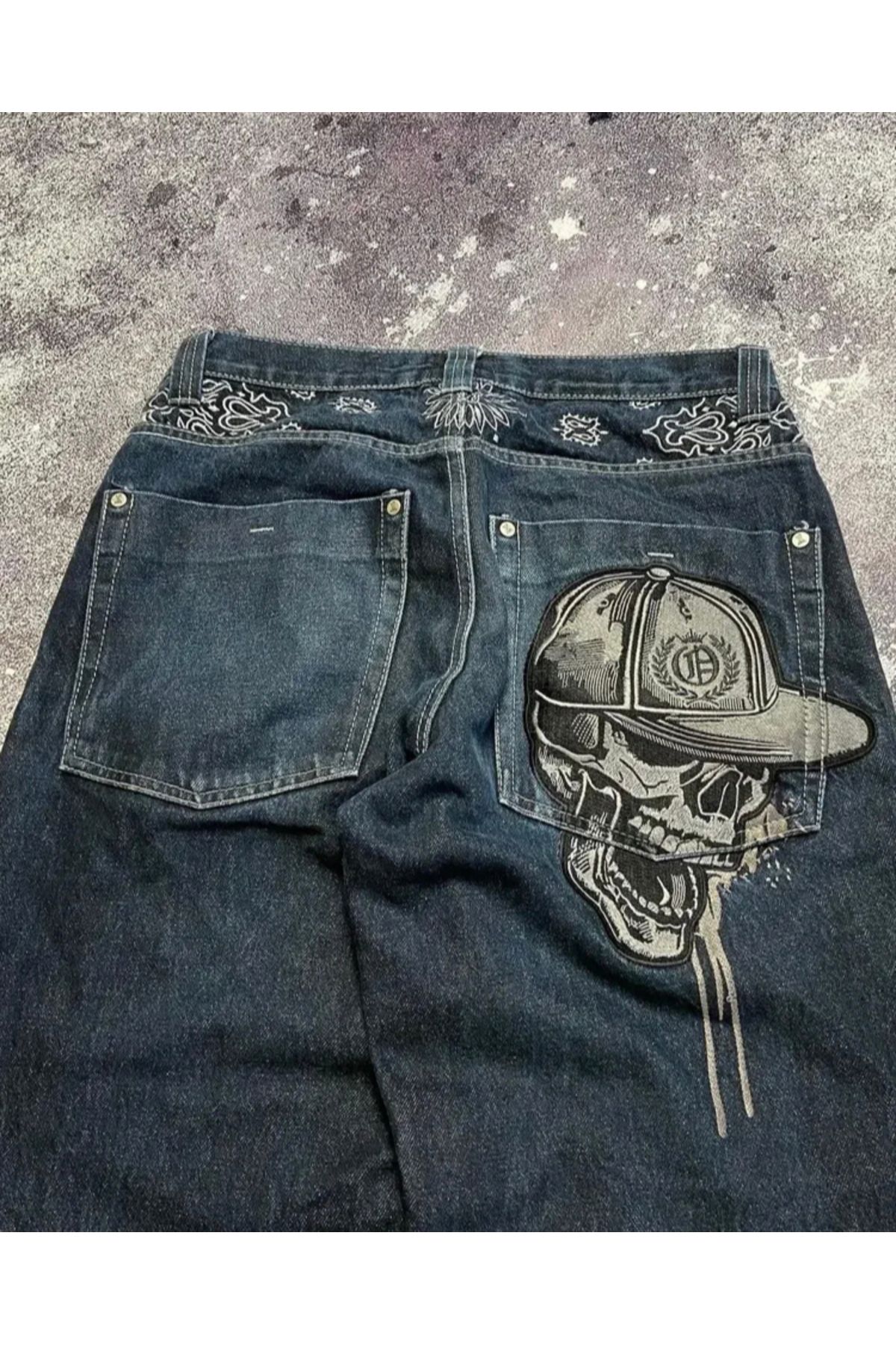 Pop Giyim Back Side Skull Head Kurukafa İşlemeli Salaş Baggy Kot Pantolon