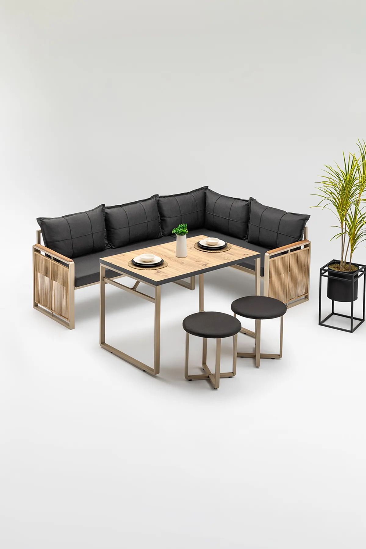 Home MASA VE PUFLU KÖŞE MUTFAK TAKIMI SİYAH-KAHVE (BALKON-BAHÇE-MUTFAK)