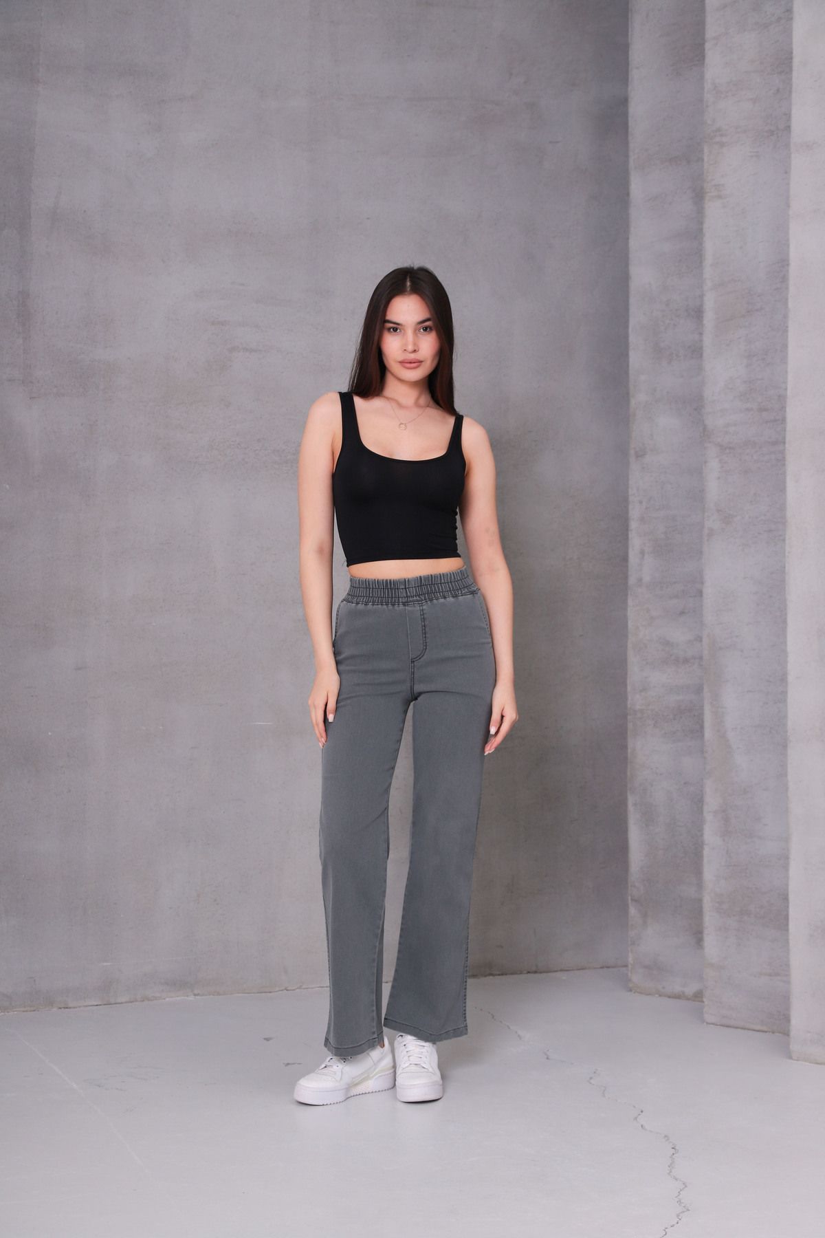NEŞA KOTÇU GRİ Kadın Kot Pantolon Beli Lastikli Yüksek Bel Likralı PLAZZO Büyük-Küçük Beden Jeans