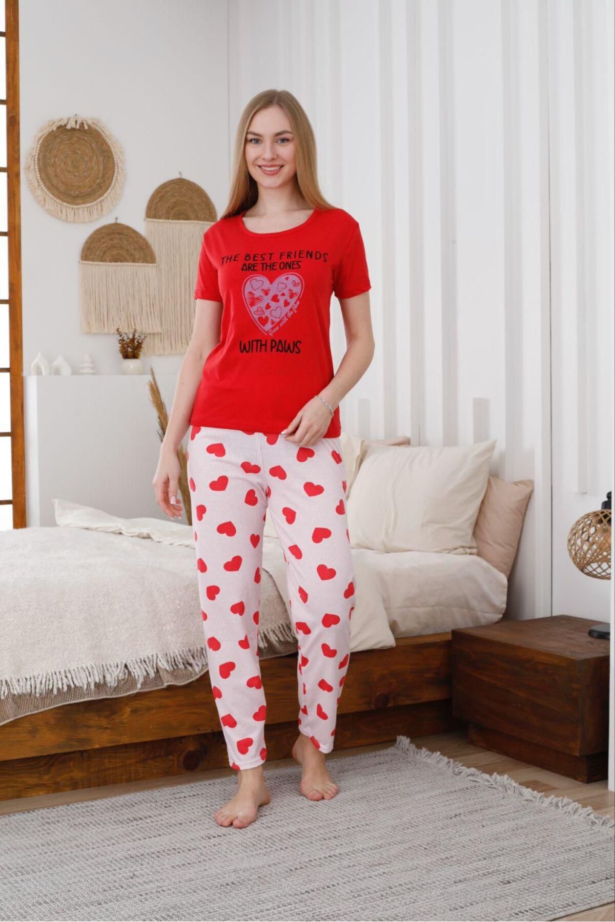 Sebay Giyim Sebay Softtouch Kadın Pijama Takımı -kırmızı Kalpli Sby003