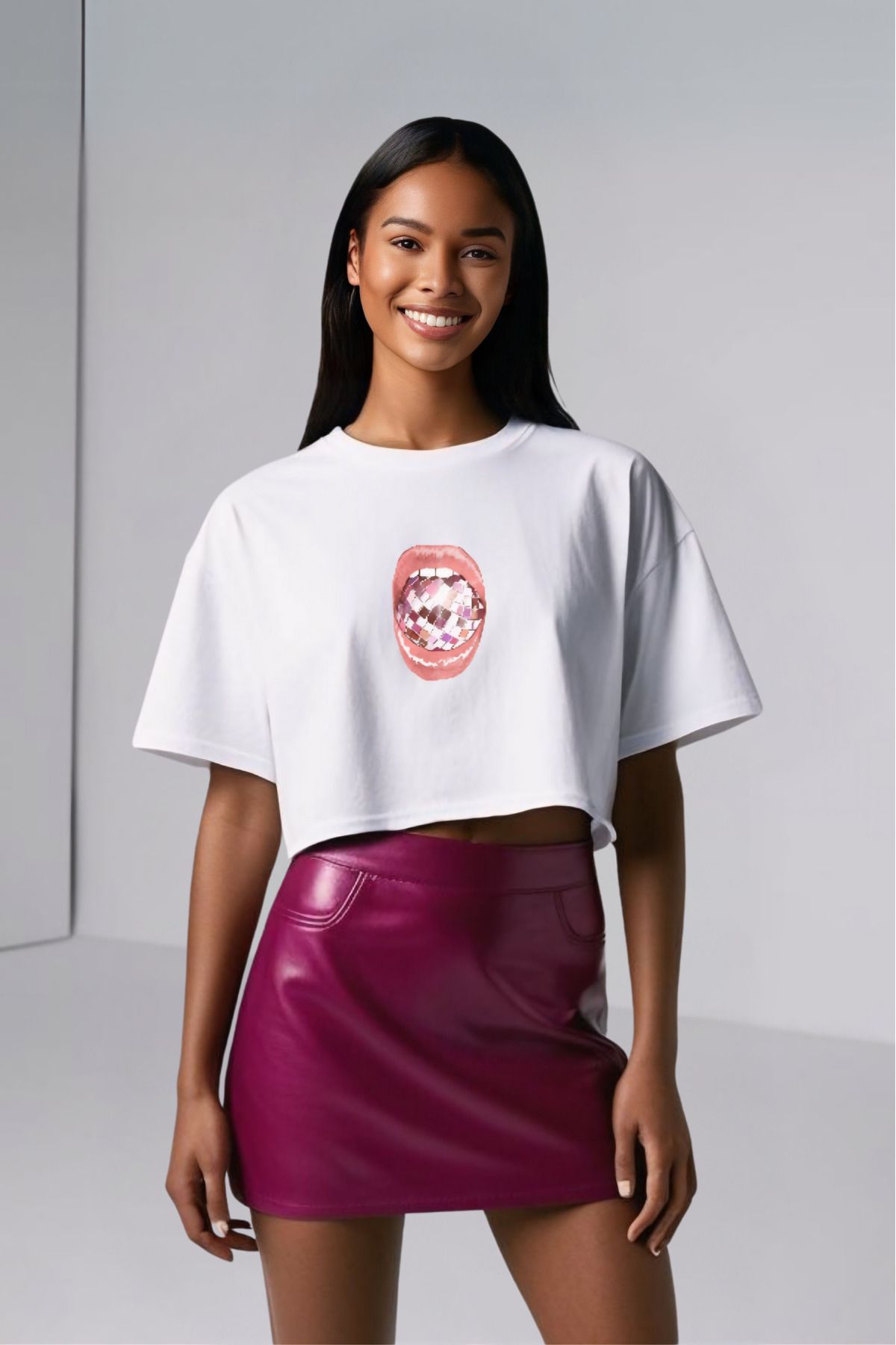 Butik Disko Dudak Tasarım Pamuklu Crop Oversize Tshirt