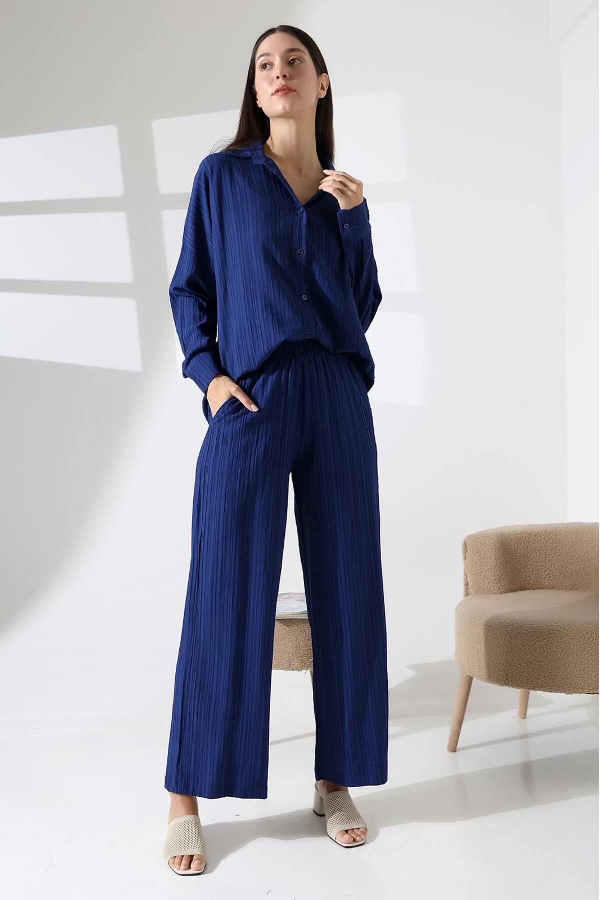 MODA gofre takım gofre kumaş palazzo pantolon oversize gömlek