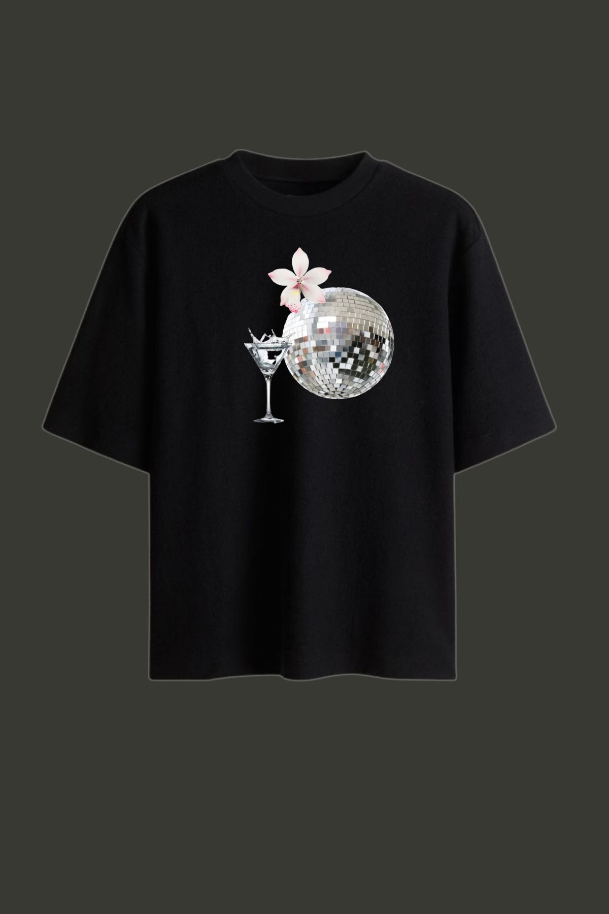 Dupe Design Kokteyl Baskılı Oversize Unisex Siyah T-shirt