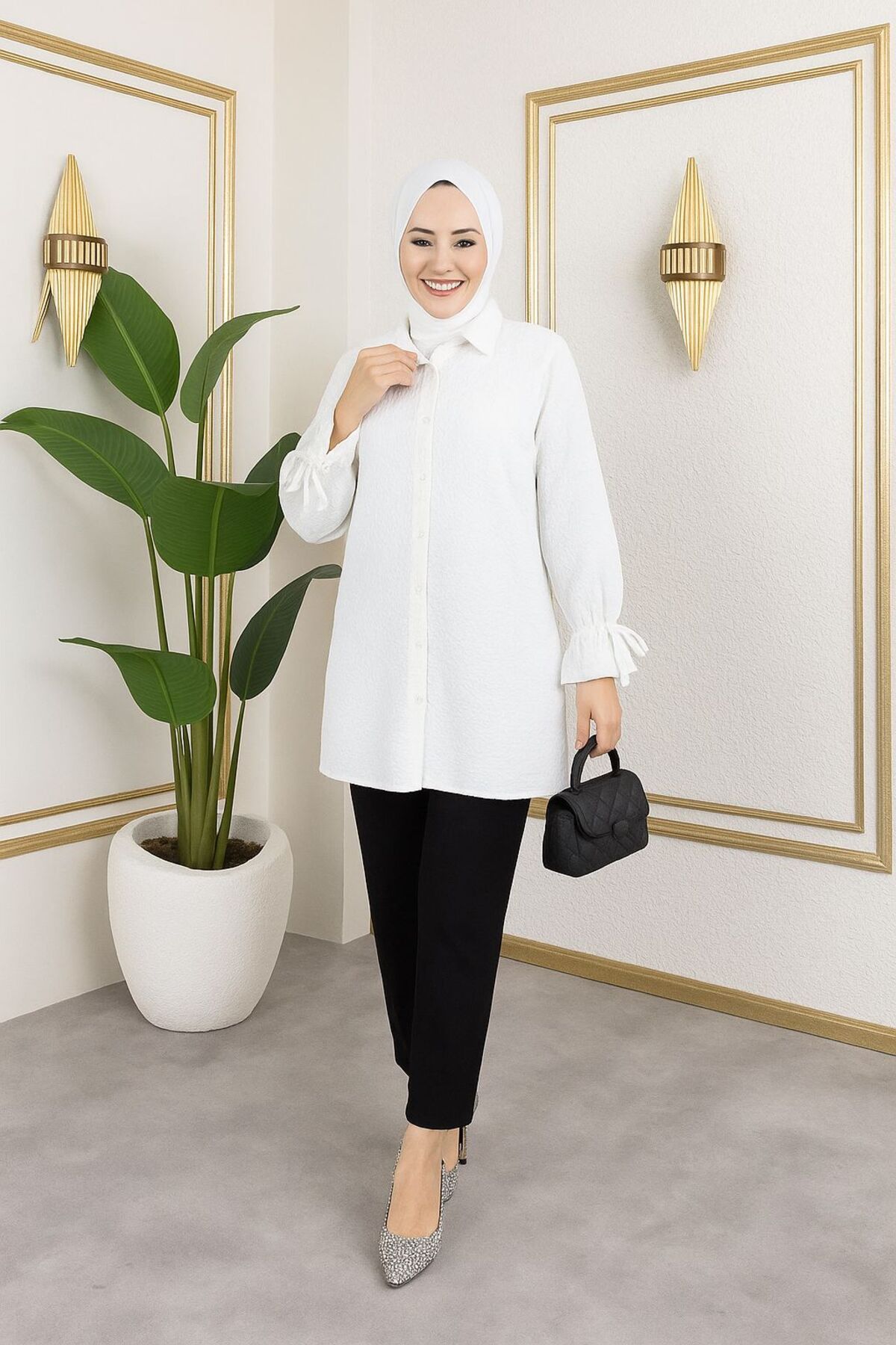 sd butique Düğmeli Tunik - Şık ve Rahat Tasarım - Kol Bağlama Detaylı Tunik