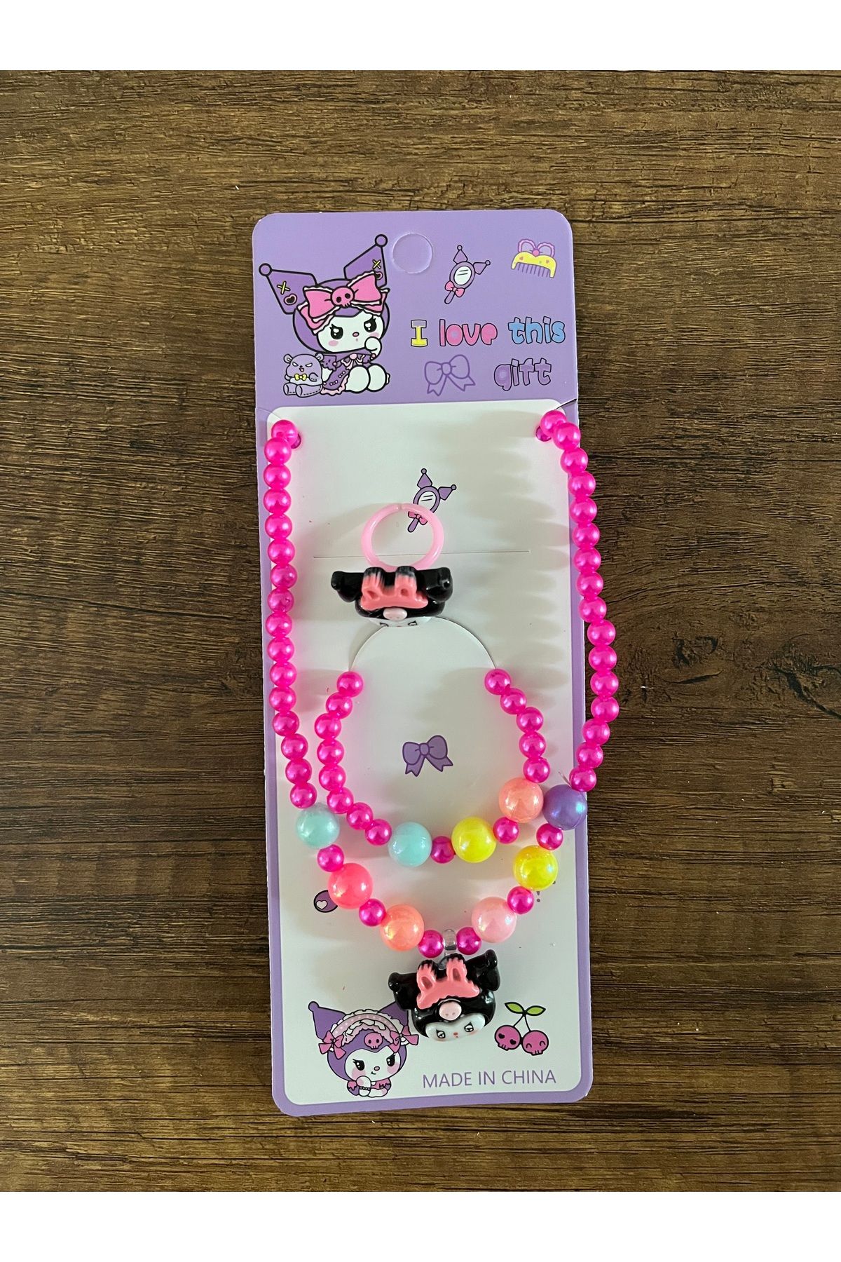 BATU GİYİM Kız Çocuk Sanrio Kuromi Kolye Bileklik Yüzük Seti Karne Bayram Hediyesi