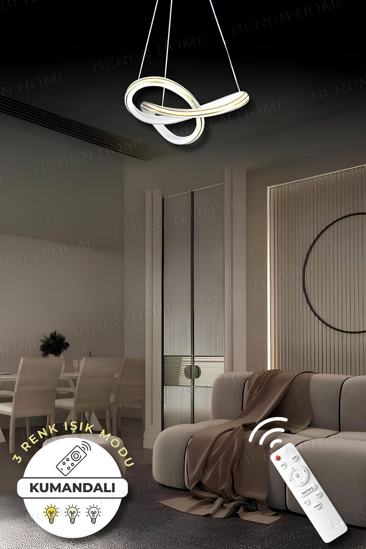 BEREN HOME Nadia White Gold Kumandalı 3 Renk Modern Sarkıt Led Avize