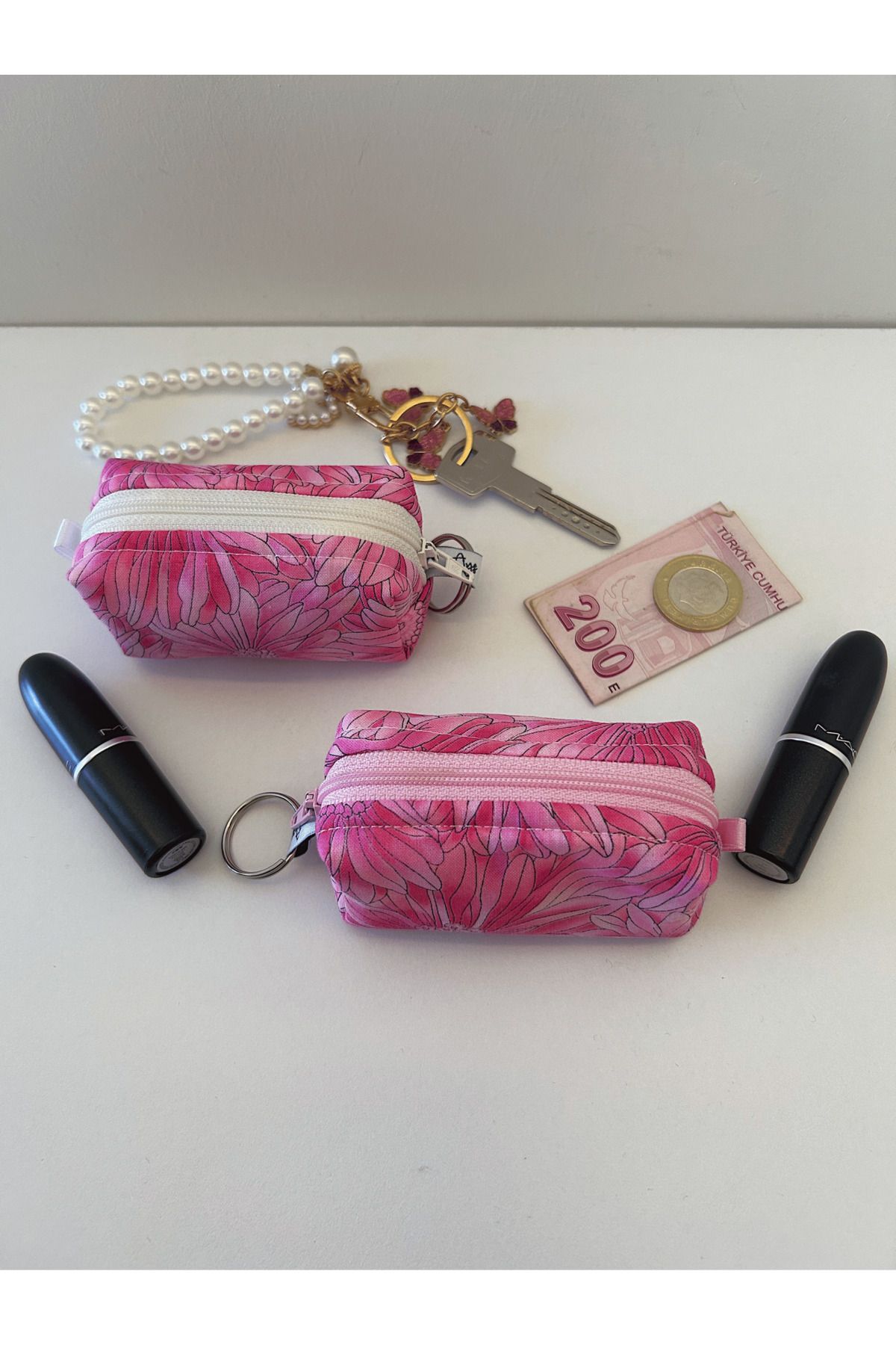 Tasarım Pembe Çiçek Desenli Anahtarlık Çanta Charm - Airpods Kılıfı - Mini Ruj Ve Bozuk Para Çantası