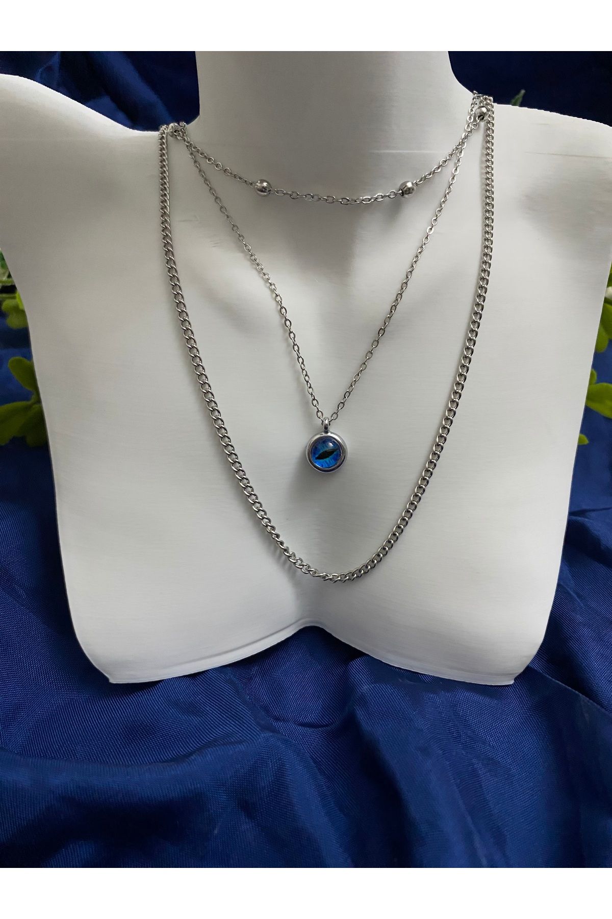 asem jewelry GÖZ MOTİFİ DETAYLI ÜÇLÜ ÇELİK ZİNCİR KOLYE