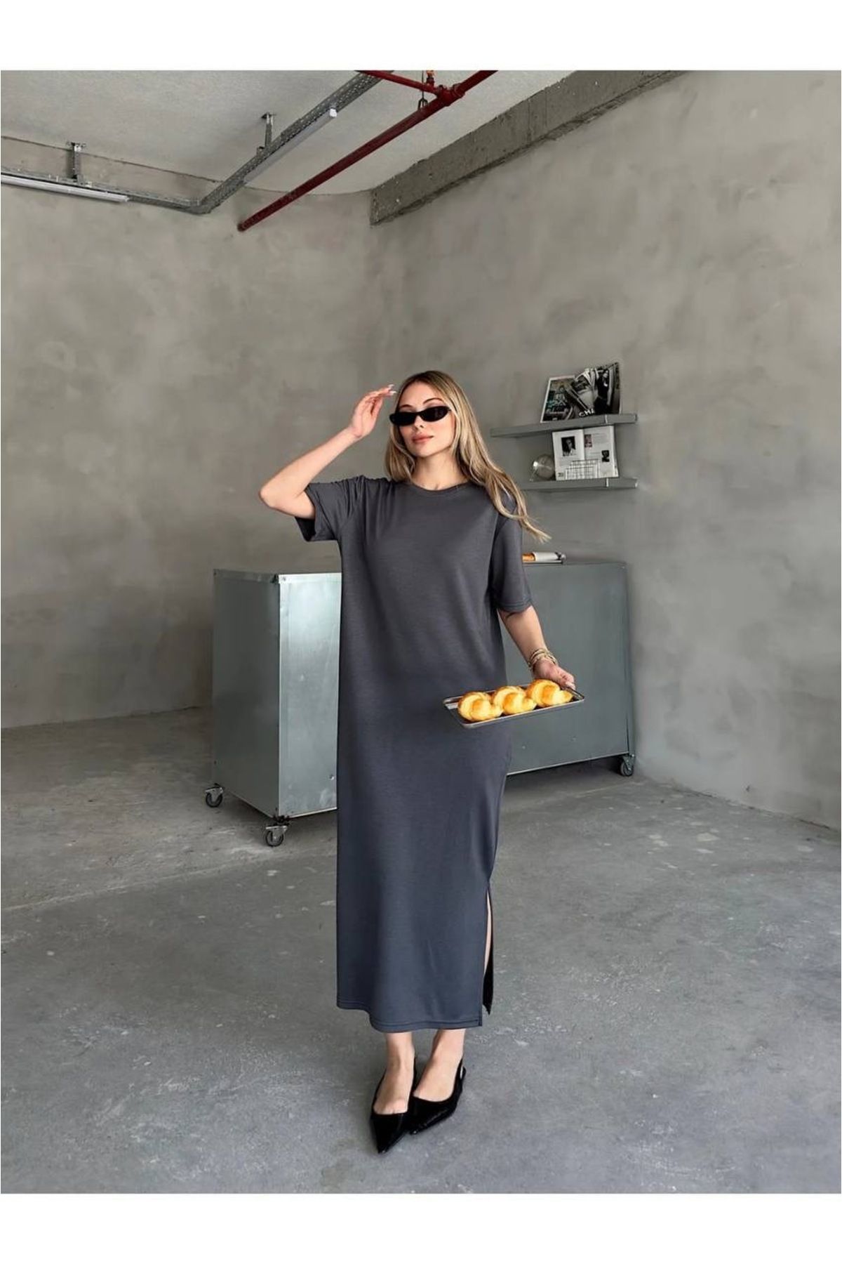 Kurtayfashion Kadın modal kumaş yanı yırtmaçlı dökümlü elbise