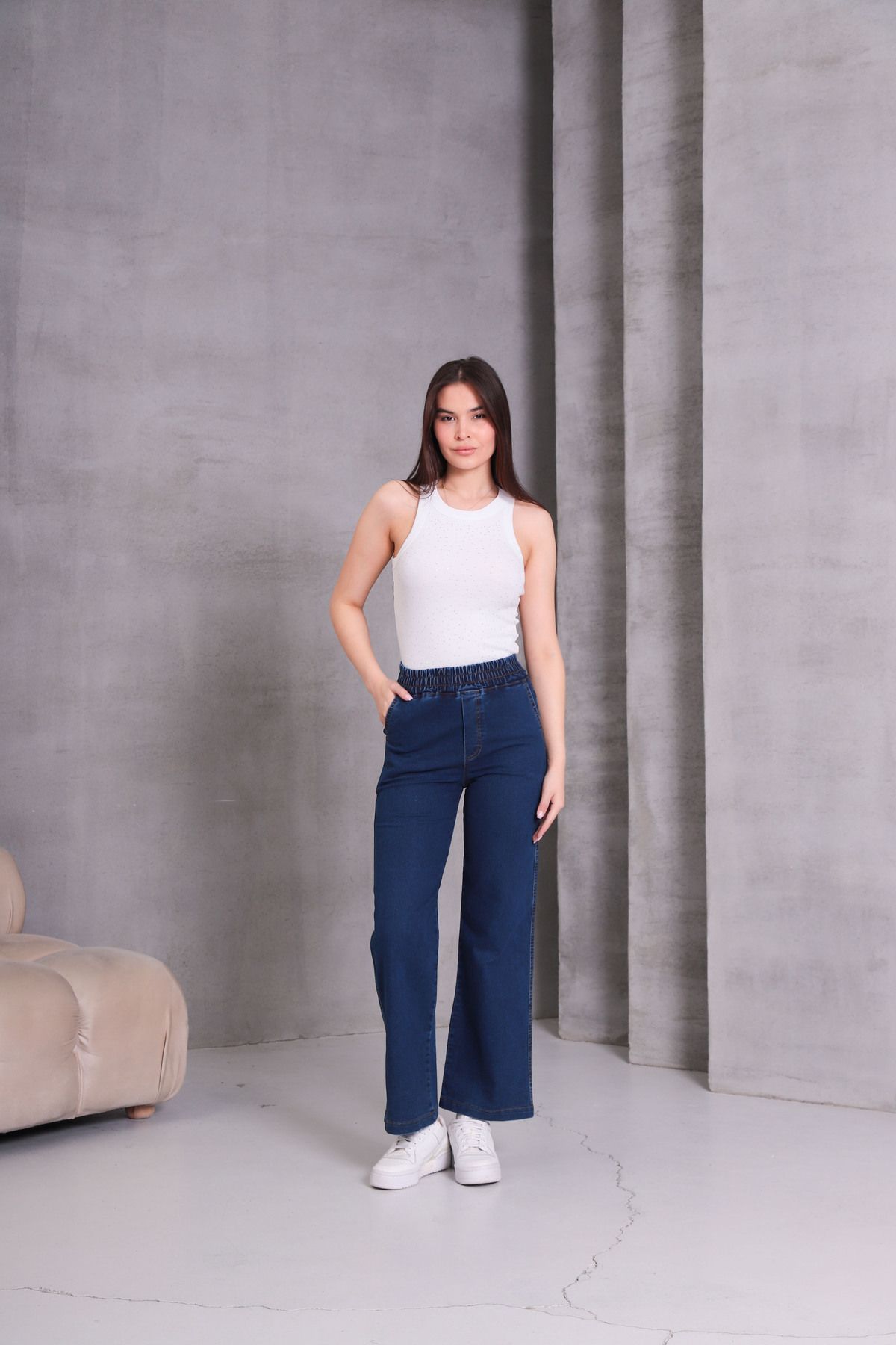 GÜLİZİM BUTİK Gülizim Butik Lacivert Kadın Beli Lastikli Yüksek Bel Likralı Büyük-küçük Beden Jeans