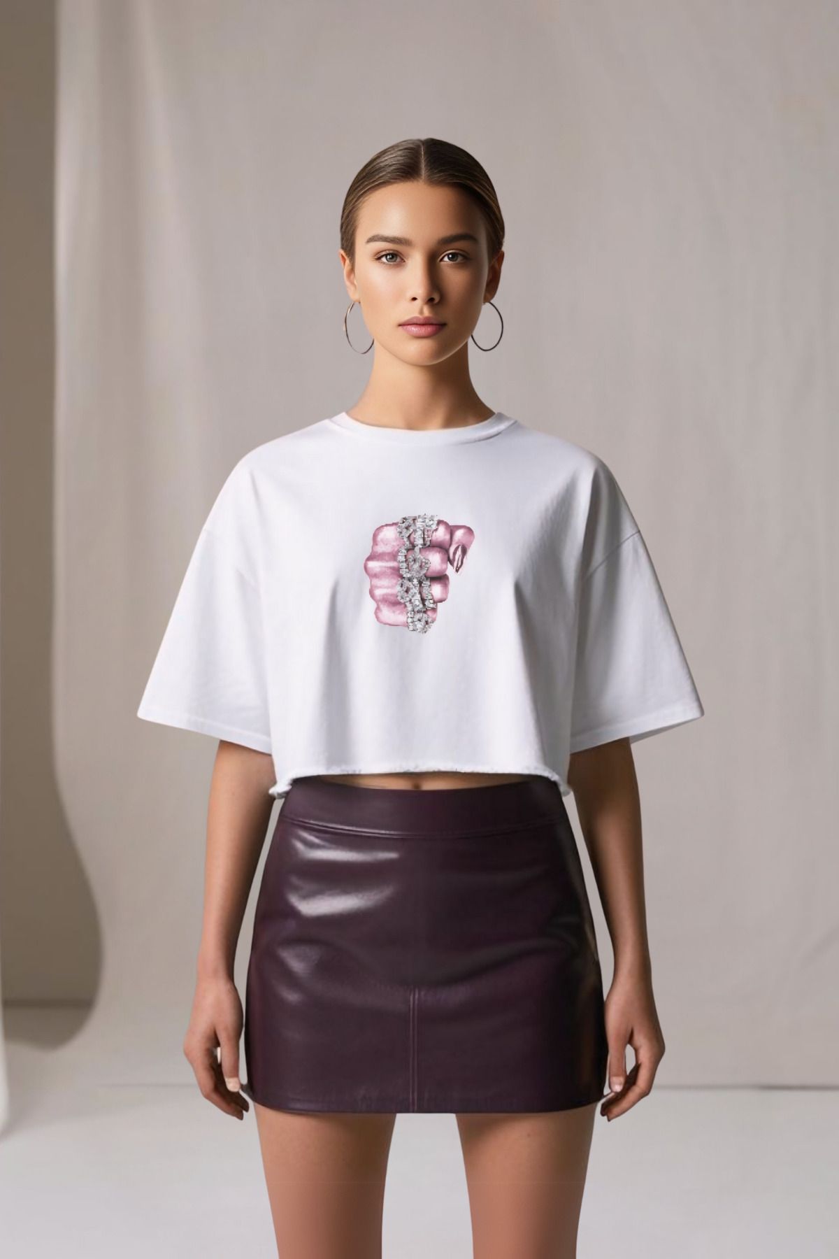 Butik Pink Tasarım Oversize Crop Pamuklu T-shirt