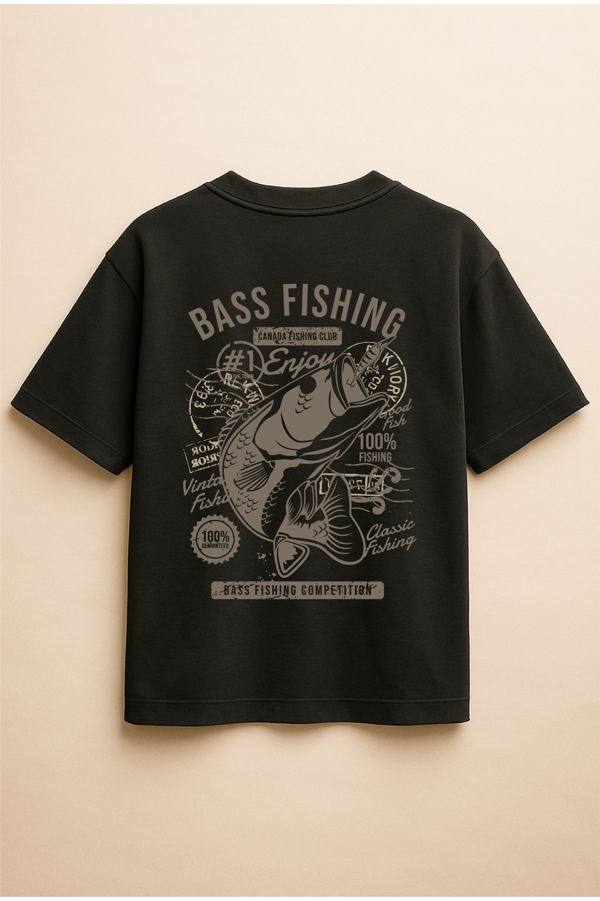Altair Tr Siyah Renk Oversize Bass Fishing Balık Balıkçılık Baskılı Unisex Tişört T-Shirt