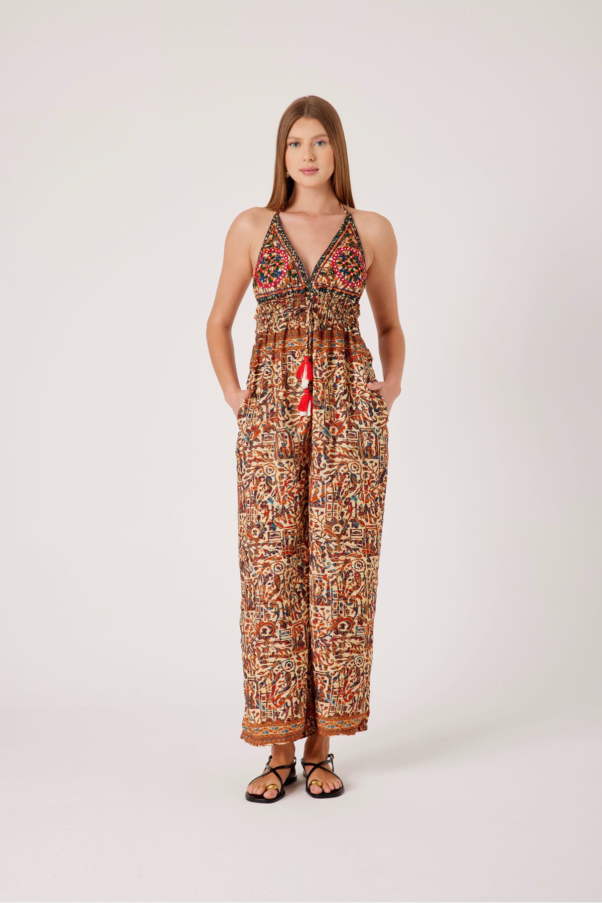 T'u Collection Etnik Desenli Askılı Yazlık Tulum