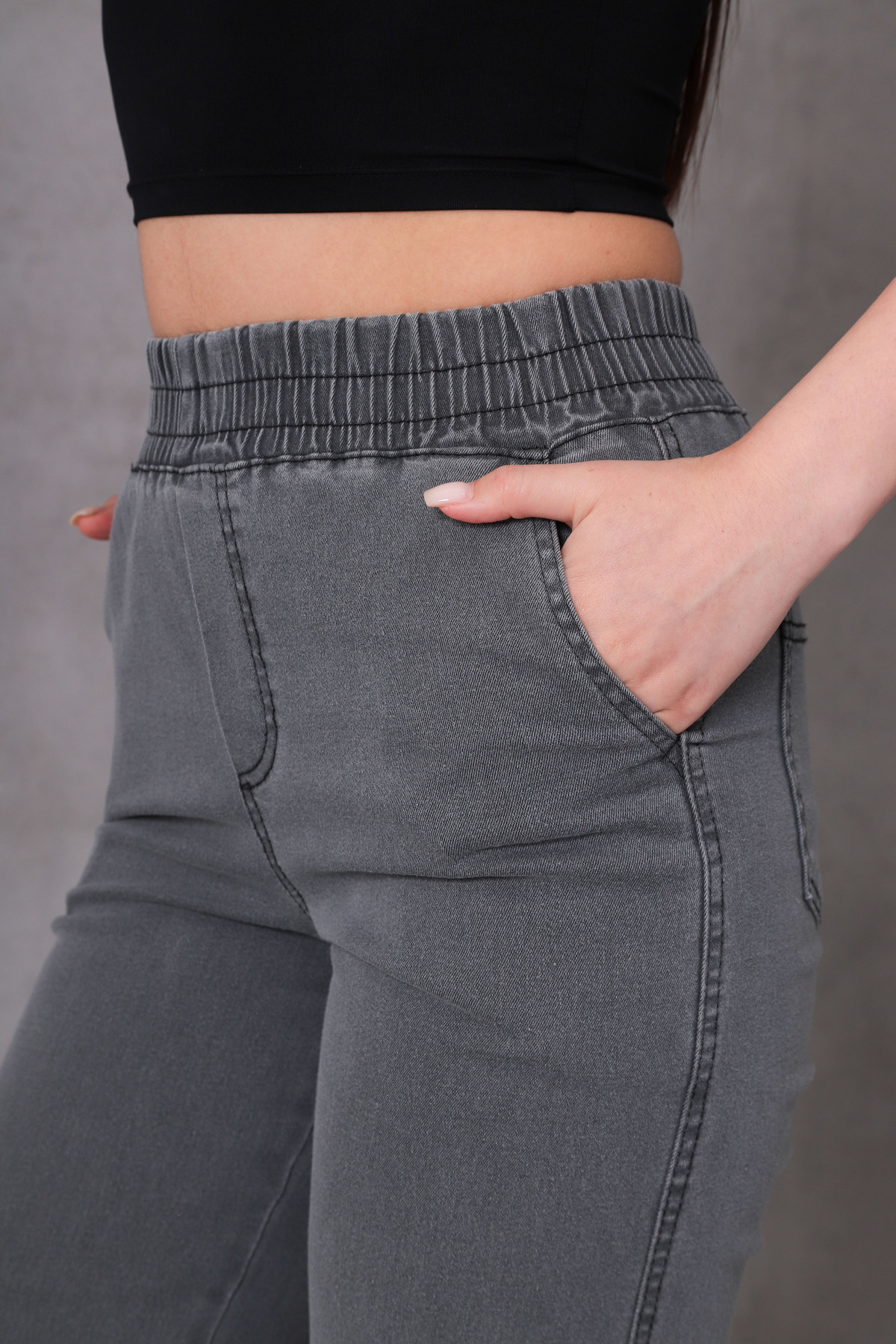 GÜLİZİM BUTİK  Gülizim Butik Gri Kadın Beli Lastikli Yüksek Bel Likralı Büyük-küçük Beden Jeans - Görsel 8