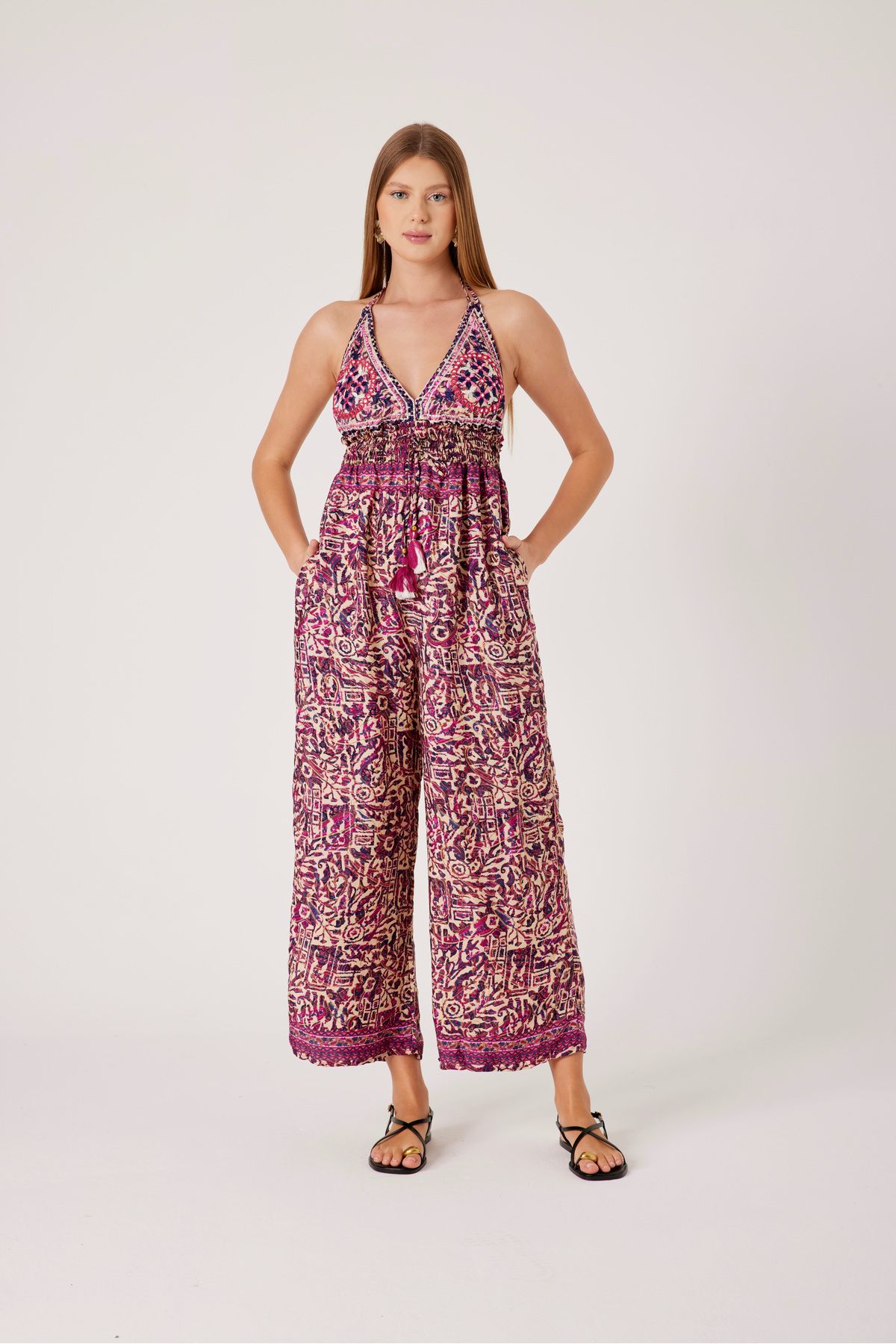 T'u Collection Etnik Desenli Askılı Yazlık Tulum