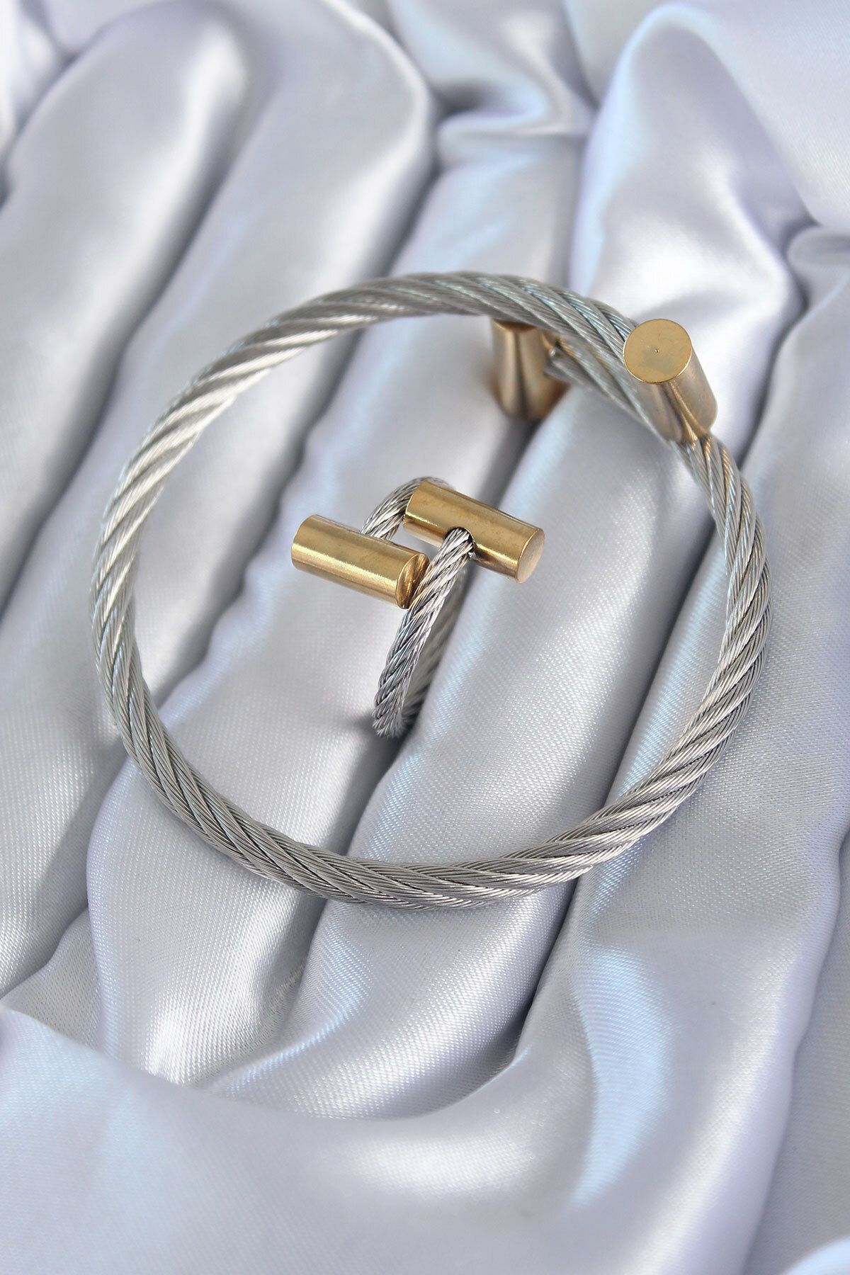 Avantaj Kapıda ®316l Çelik Gümüş Renk Gold Detay Sarmal Model Erkek Bileklik Yüzük Kombini