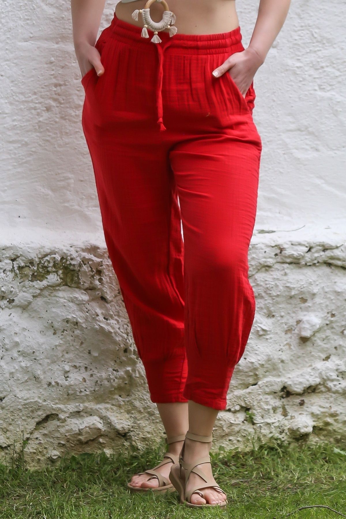 Chiccy Kırmızı Cepli Lastikli Ve Bağlamalı Bel Şalvar Casual Müslin Dokuma Pantolon 100 65