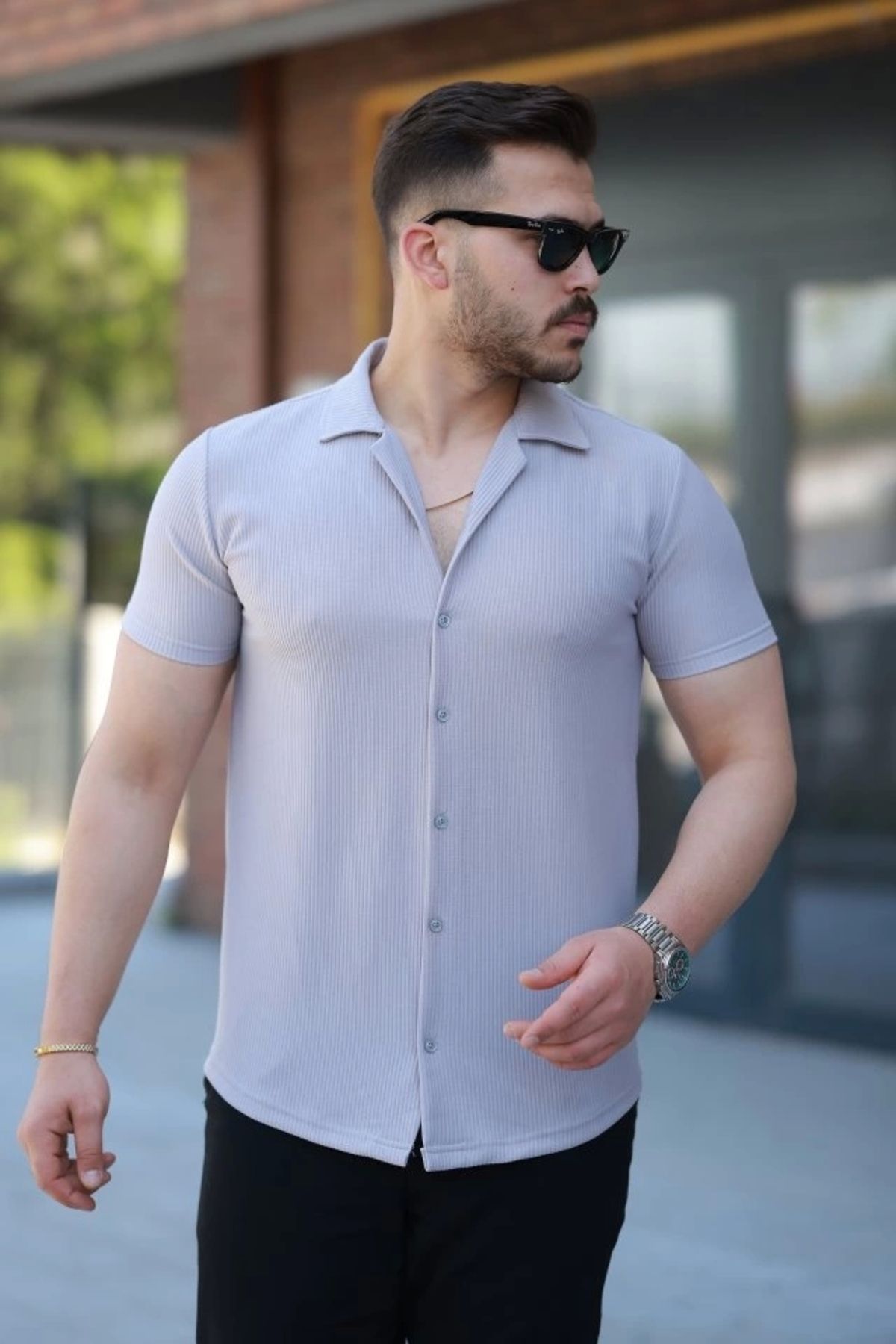 Silerra Erkek Ottoman Kumaş Apaj Yaka Kısa Kollu Gömlek